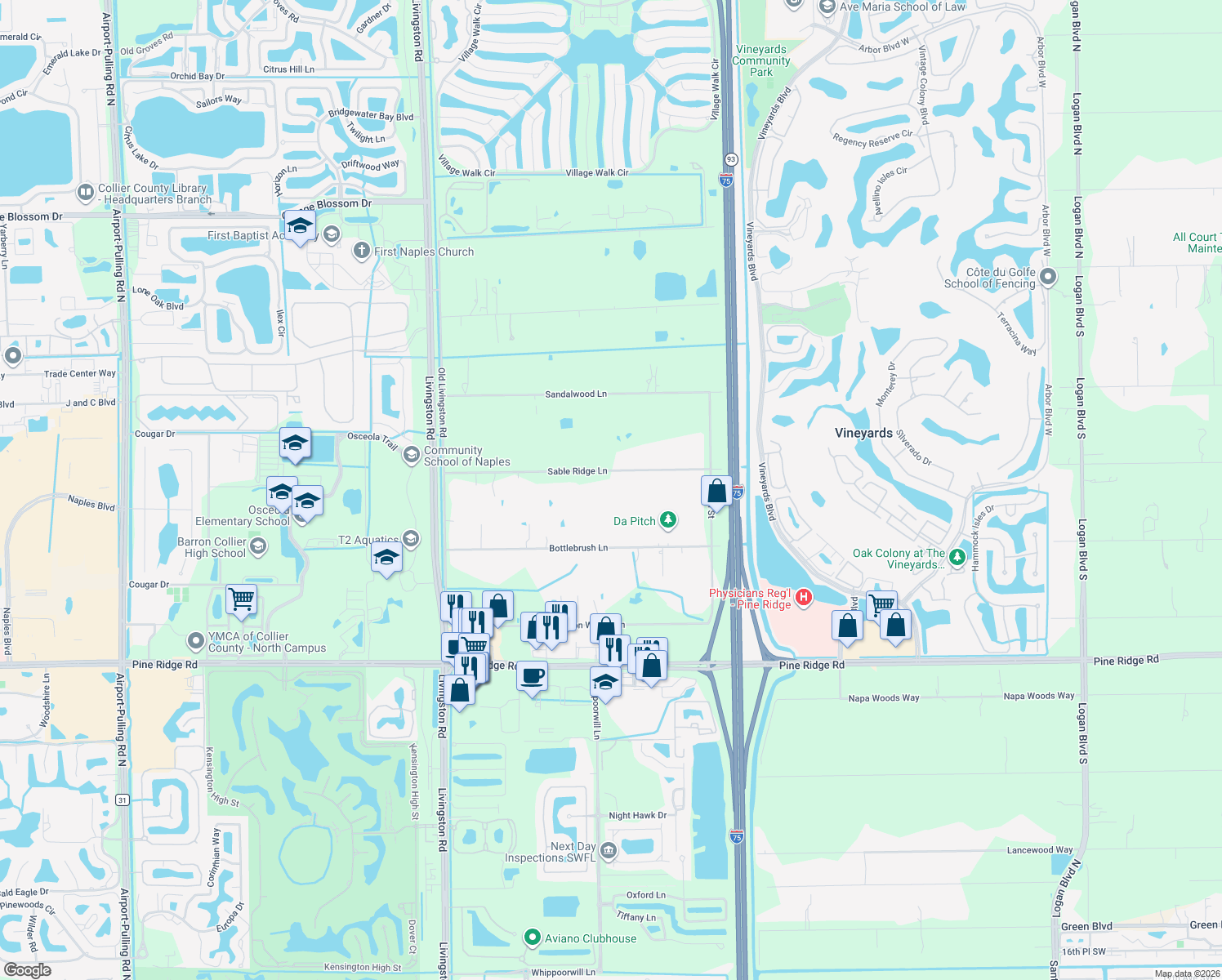 map of restaurants, bars, coffee shops, grocery stores, and more near 6670 Sable Ridge Lane in Naples