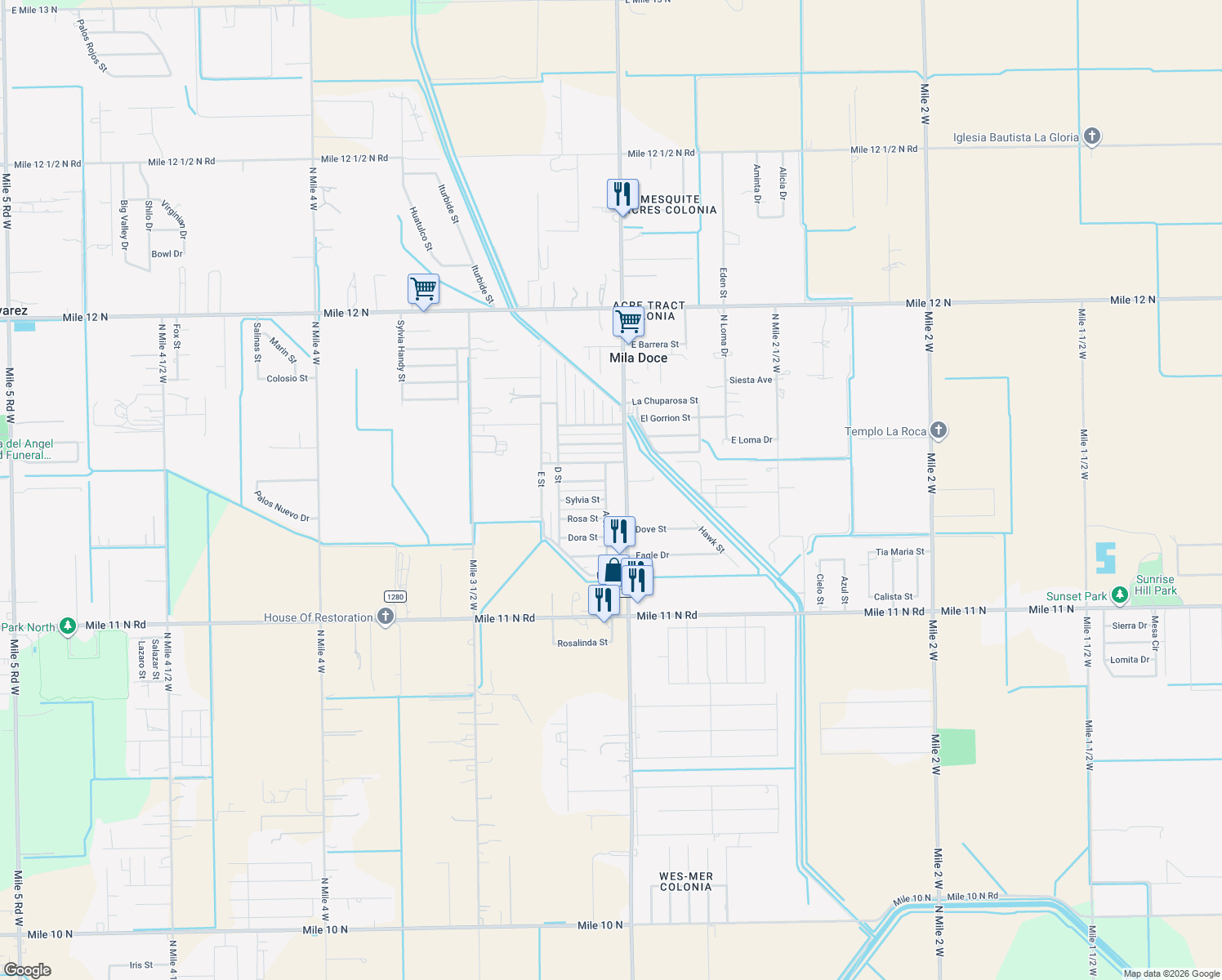 map of restaurants, bars, coffee shops, grocery stores, and more near 6310 A St in Mercedes