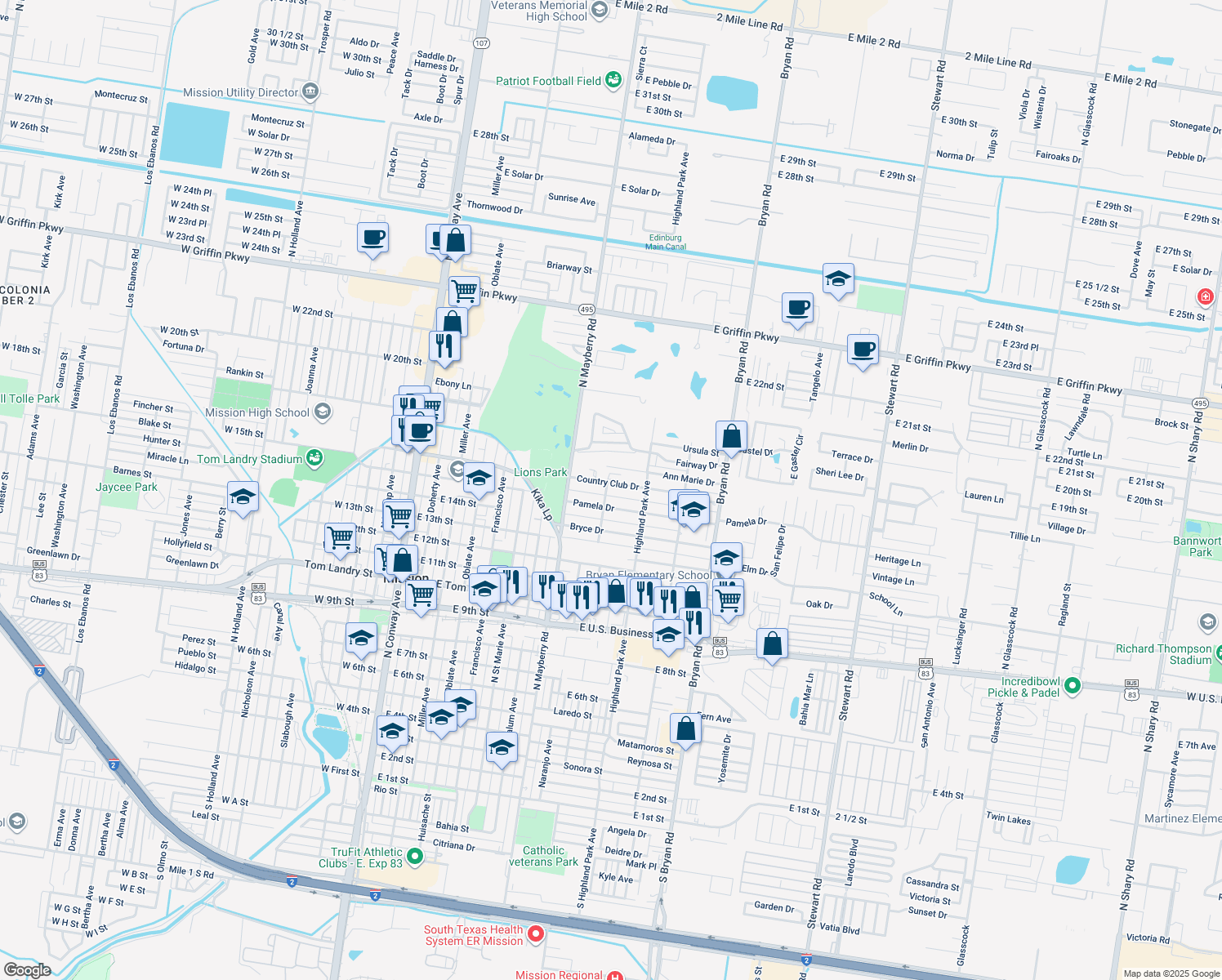 map of restaurants, bars, coffee shops, grocery stores, and more near 902 Country Club Drive in Mission