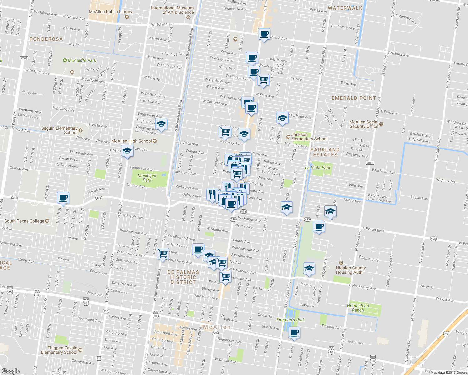 map of restaurants, bars, coffee shops, grocery stores, and more near 1042 Sycamore Avenue in McAllen