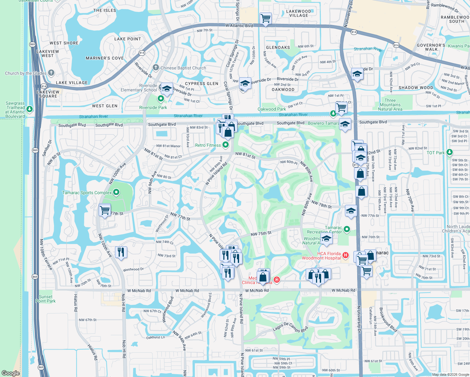 map of restaurants, bars, coffee shops, grocery stores, and more near 7626 Northwest 87th Avenue in Tamarac