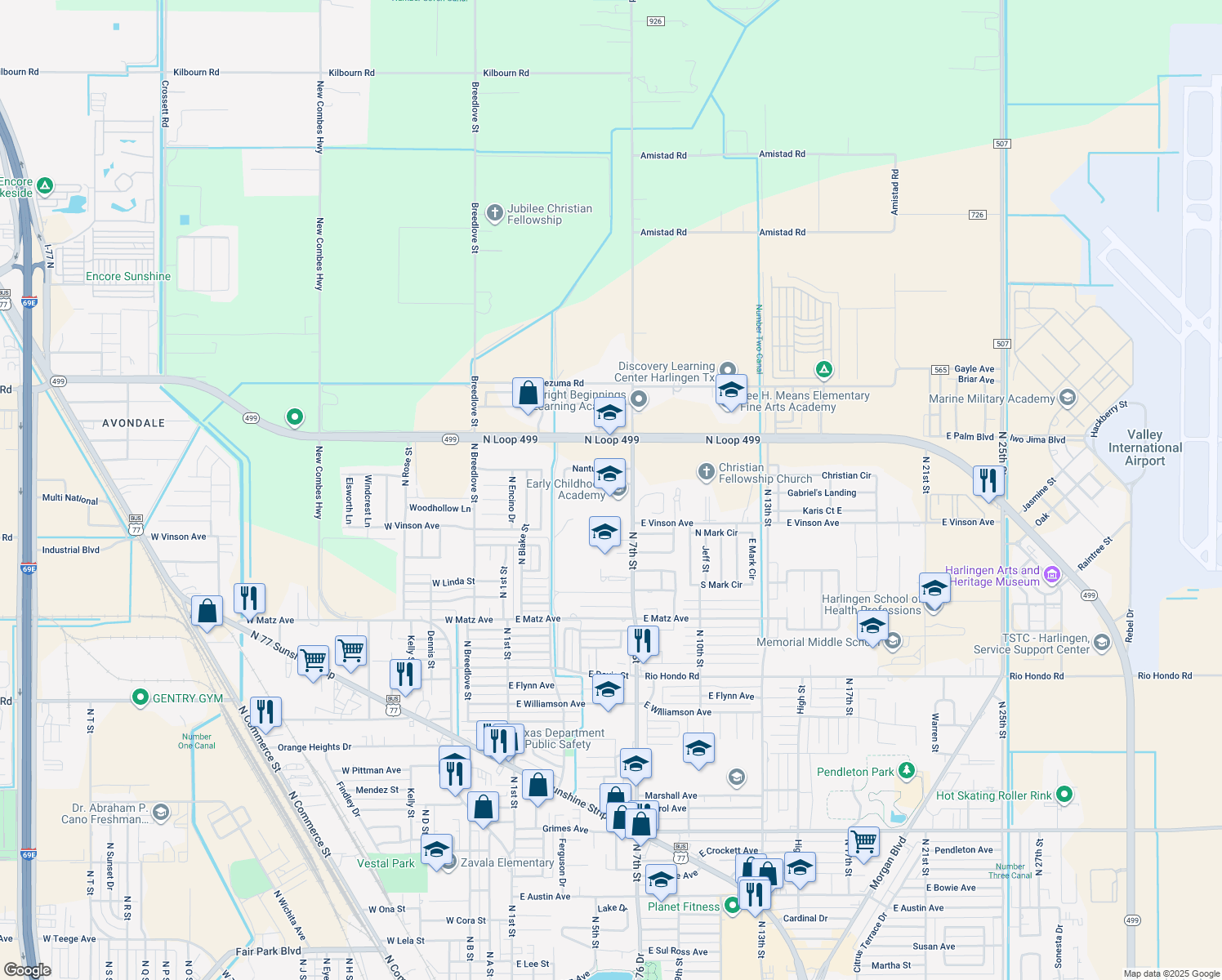 map of restaurants, bars, coffee shops, grocery stores, and more near 712 Nantucket Drive in Harlingen