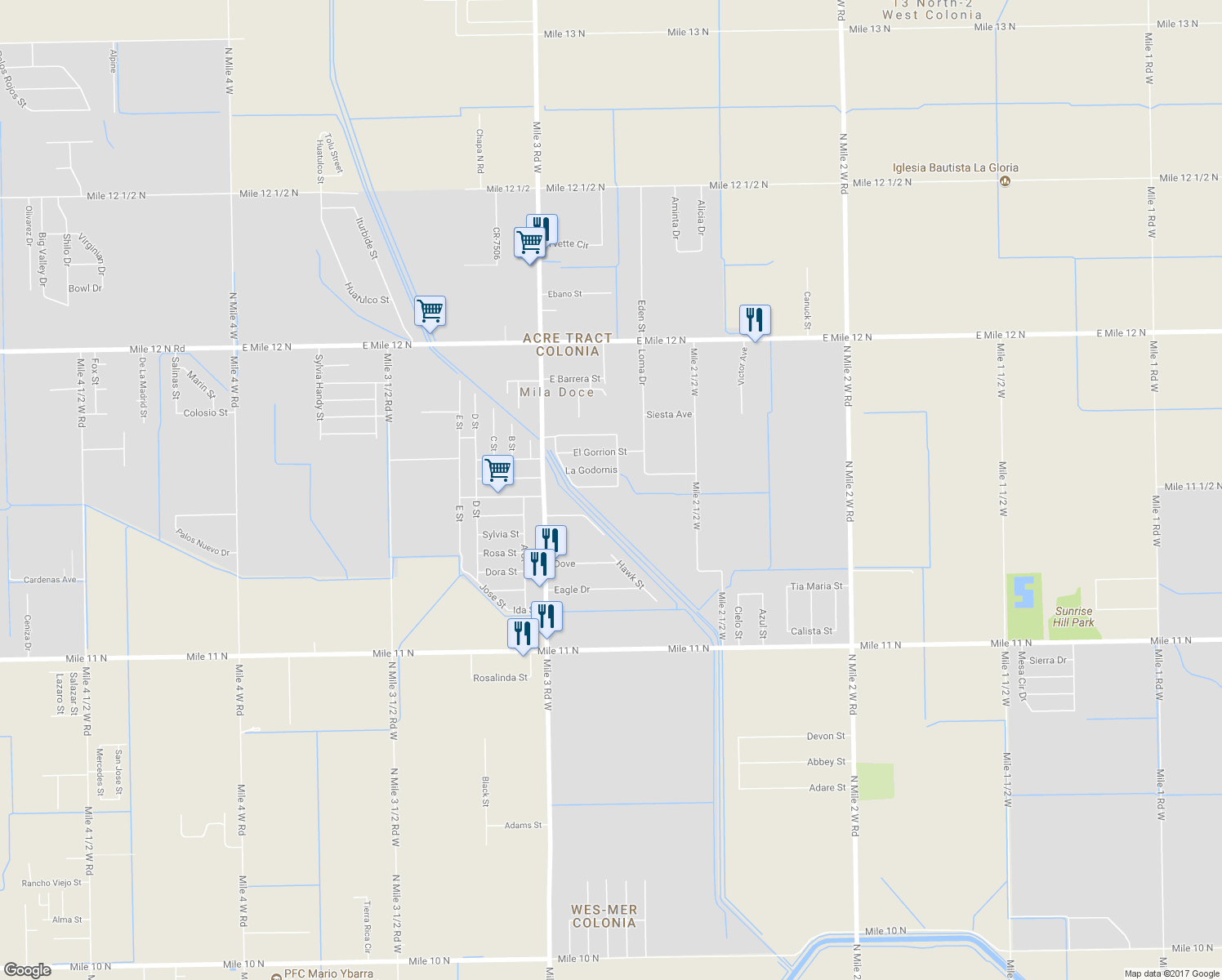 map of restaurants, bars, coffee shops, grocery stores, and more near 3716 El Canario Street in Mercedes