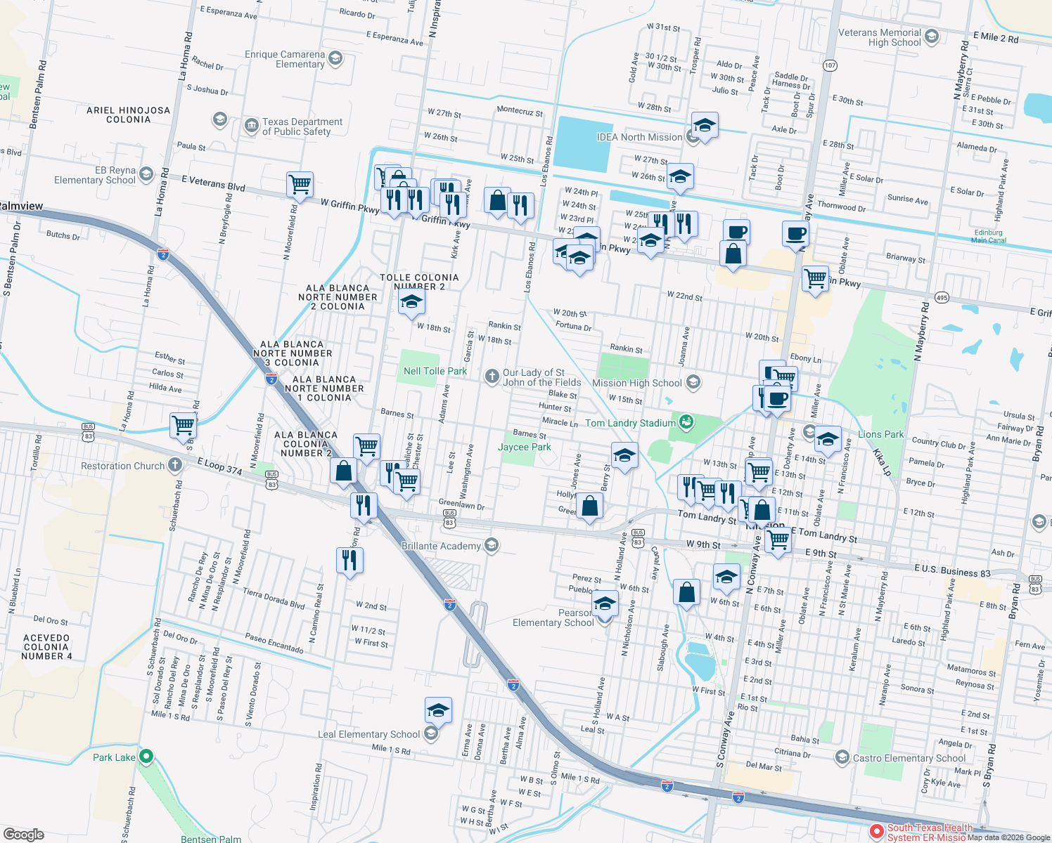 map of restaurants, bars, coffee shops, grocery stores, and more near 1208 Miracle Lane in Mission