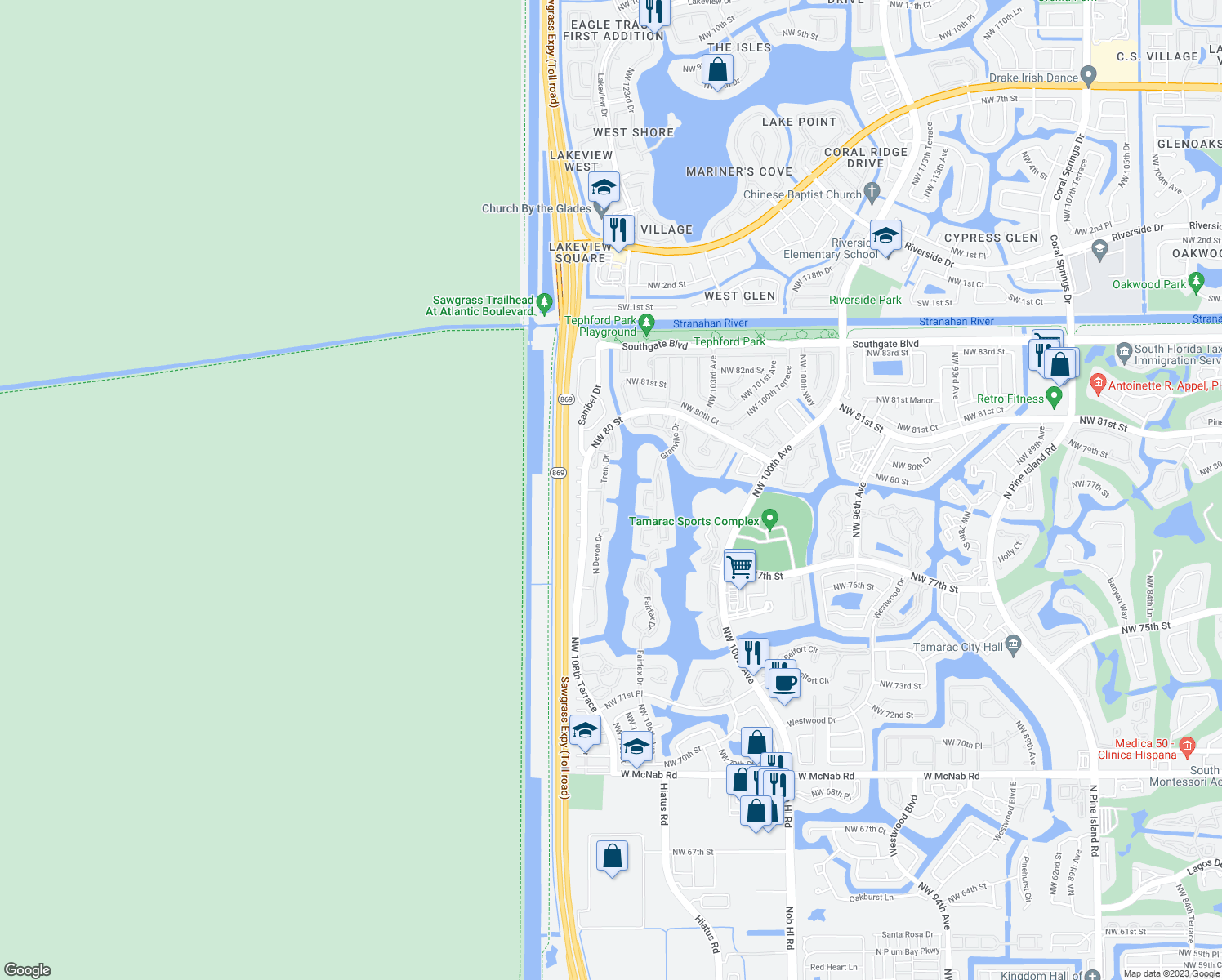 map of restaurants, bars, coffee shops, grocery stores, and more near 7552 Trent Drive in Tamarac