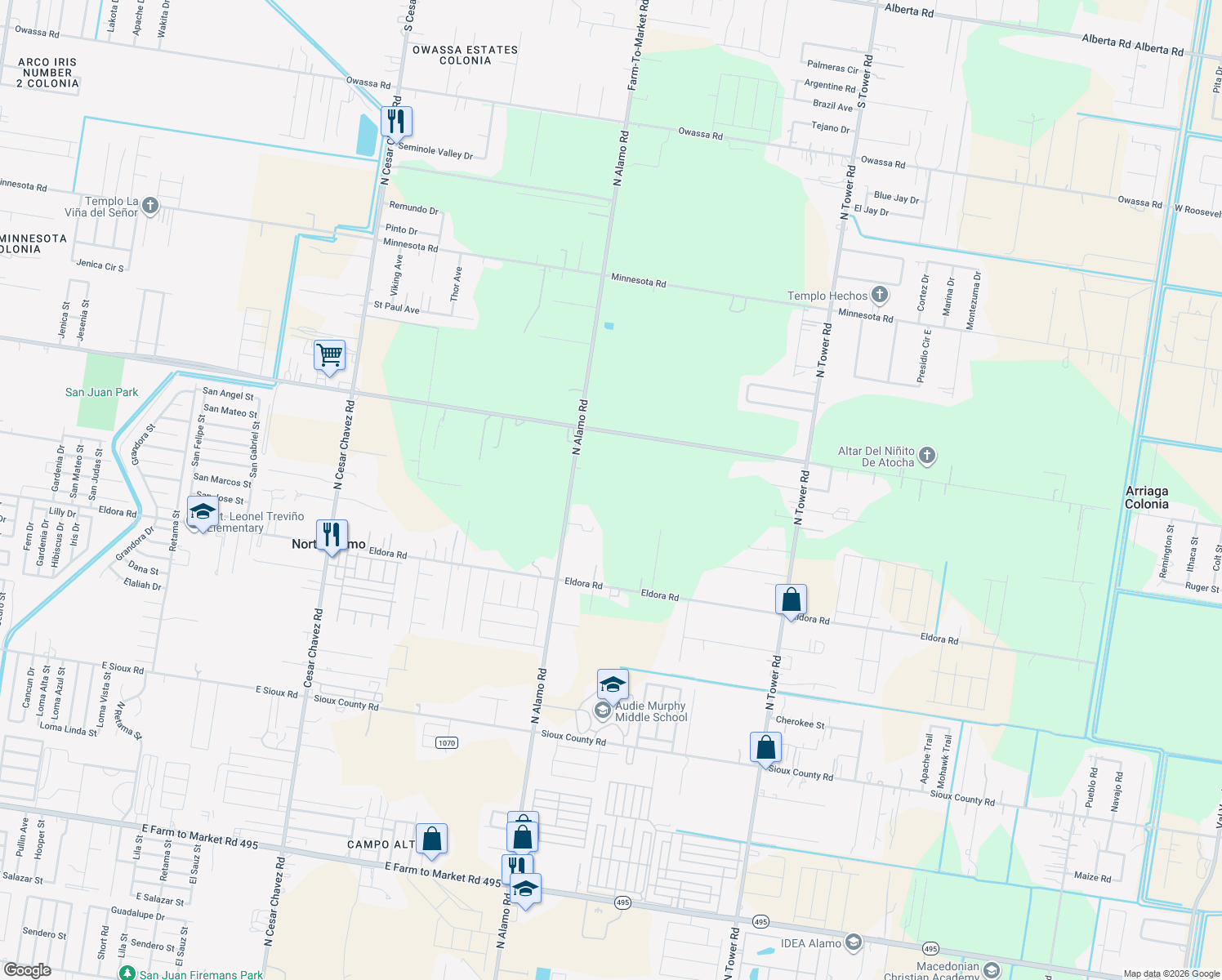 map of restaurants, bars, coffee shops, grocery stores, and more near 1520 N Alamo Rd in Alamo