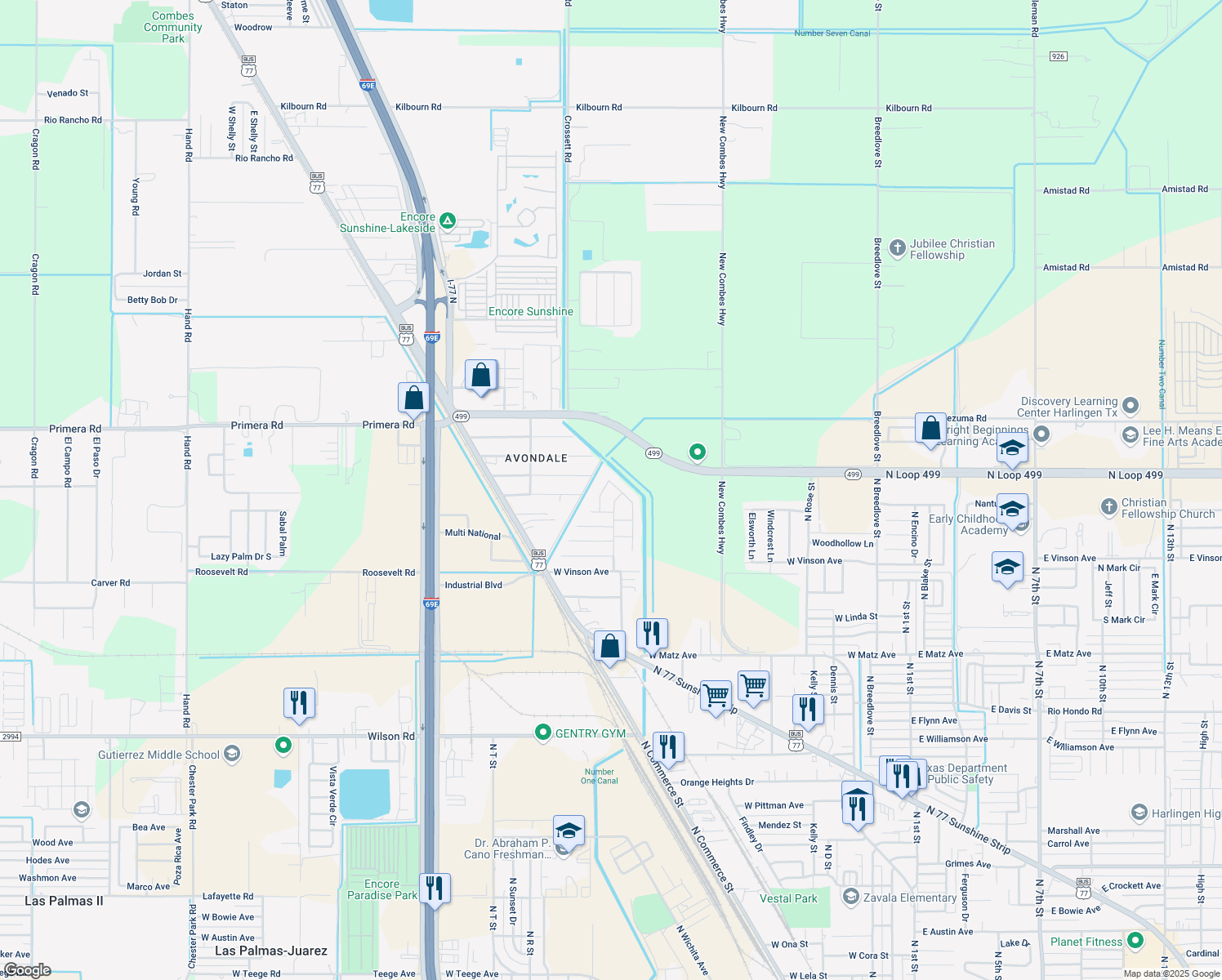 map of restaurants, bars, coffee shops, grocery stores, and more near 3218 W Hapner St in Harlingen