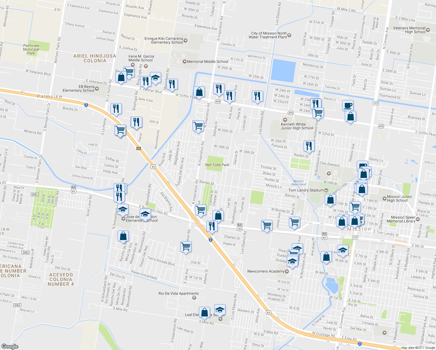 map of restaurants, bars, coffee shops, grocery stores, and more near 1406 East Ray Circle in Mission