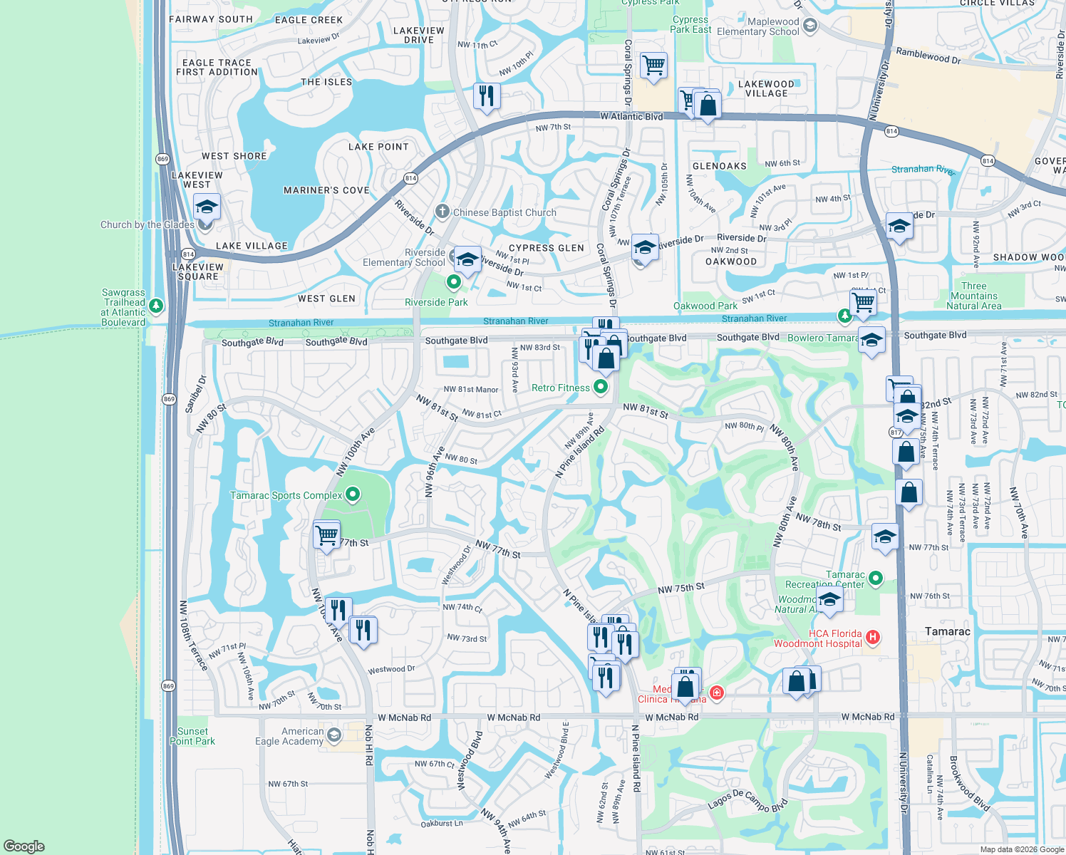 map of restaurants, bars, coffee shops, grocery stores, and more near 9208 Northwest 80th Street in Tamarac
