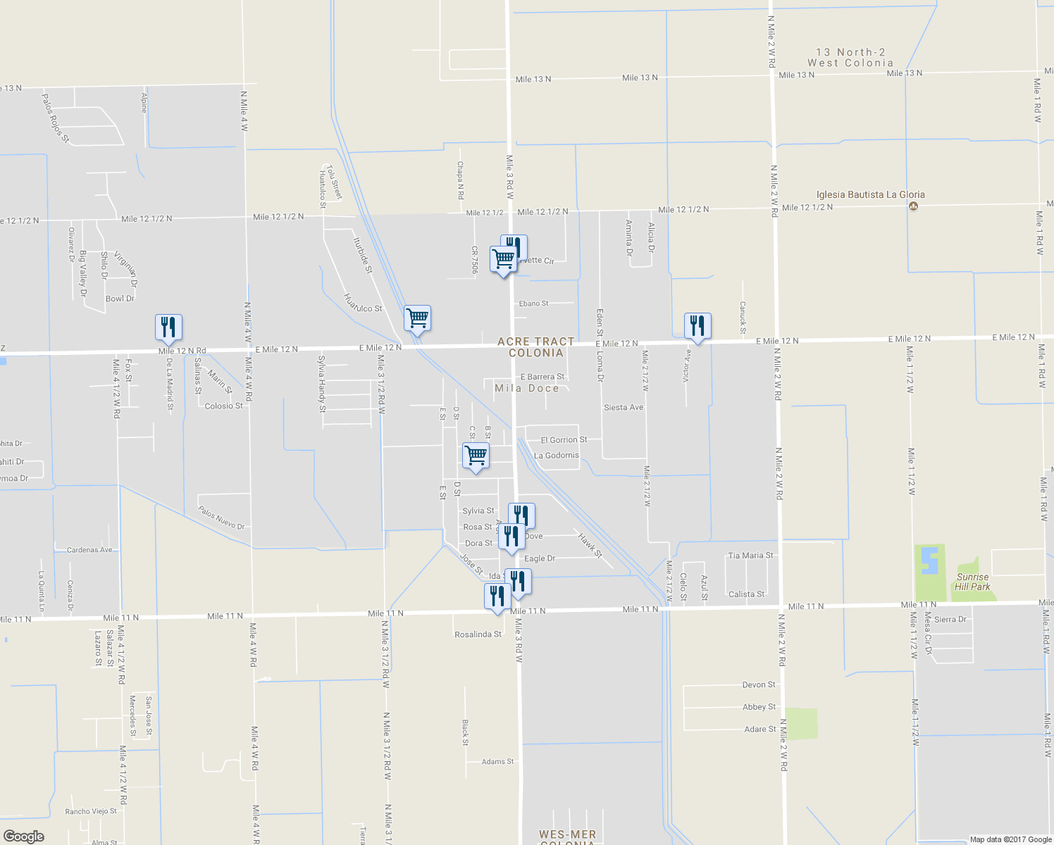 map of restaurants, bars, coffee shops, grocery stores, and more near 3419 La Chuparosa Street in Mercedes