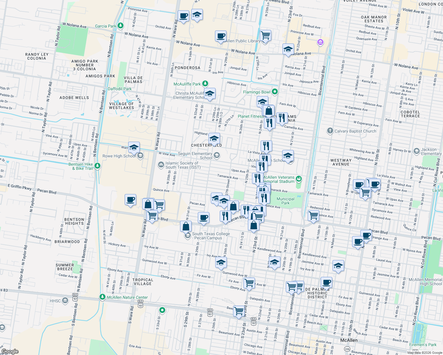 map of restaurants, bars, coffee shops, grocery stores, and more near 2801 Tamarack Avenue in McAllen