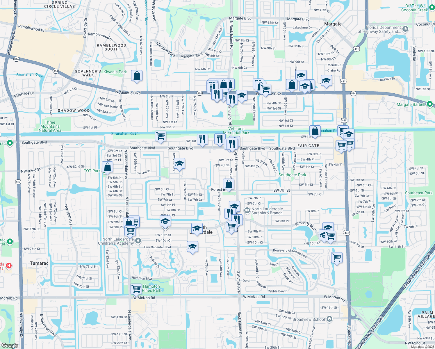map of restaurants, bars, coffee shops, grocery stores, and more near 413 Southwest 73rd Avenue in North Lauderdale