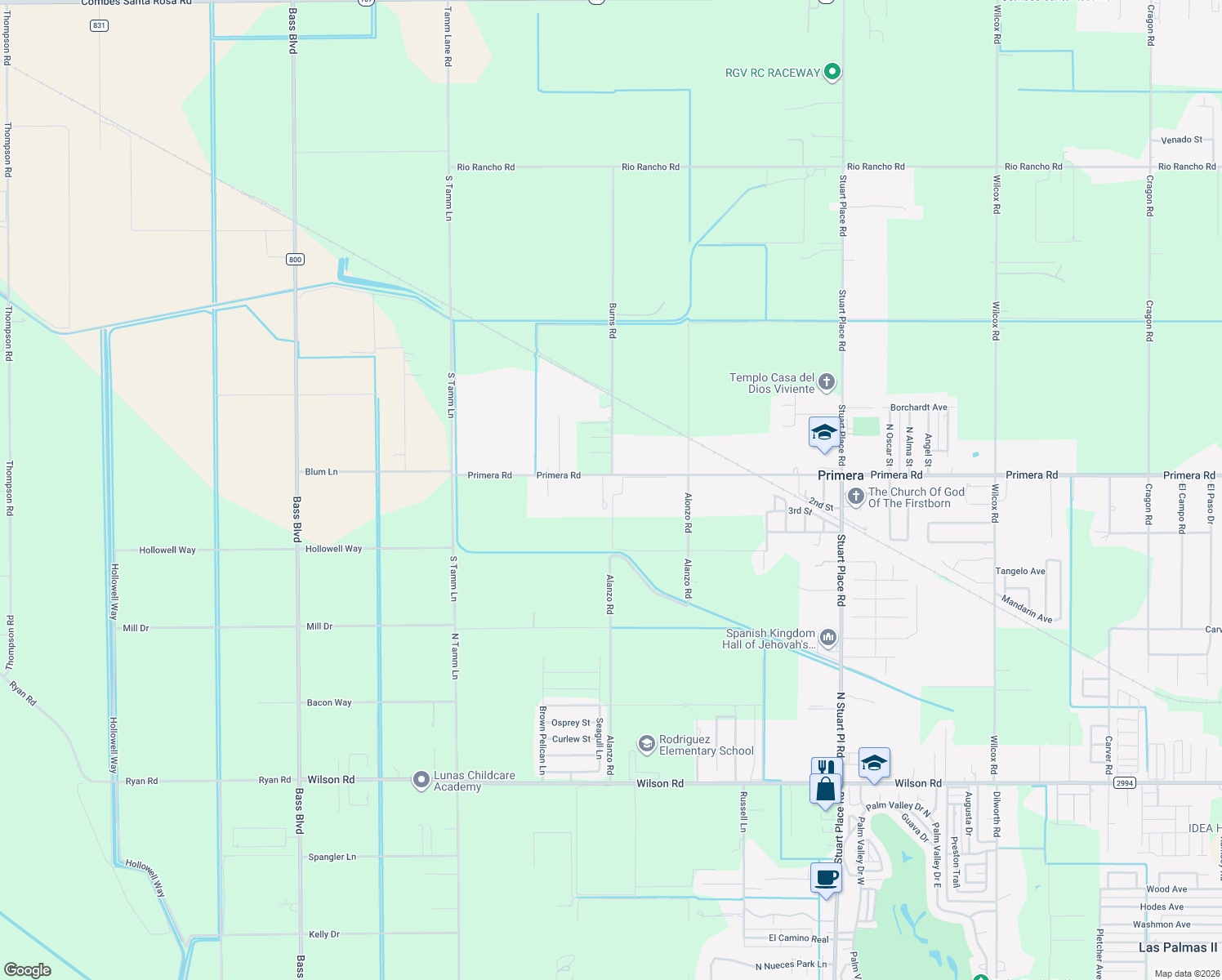 map of restaurants, bars, coffee shops, grocery stores, and more near 15784 Primera Road in Harlingen