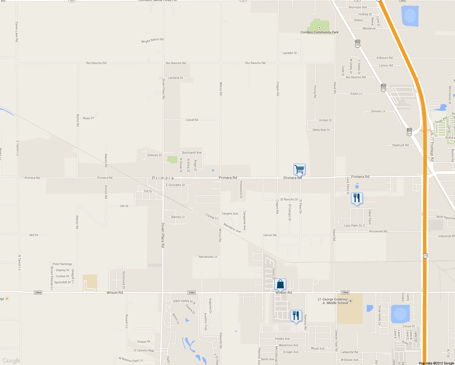 map of restaurants, bars, coffee shops, grocery stores, and more near 17112 Primera Rd in Harlingen