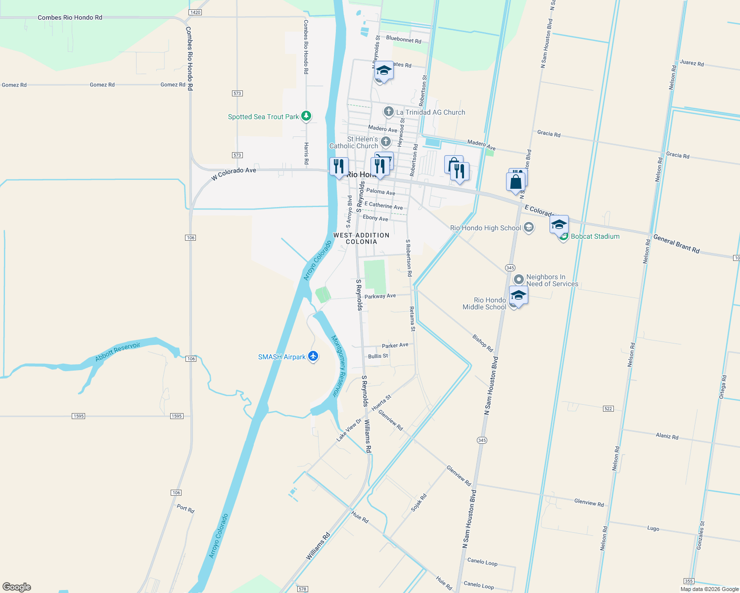 map of restaurants, bars, coffee shops, grocery stores, and more near Parkway Avenue in Rio Hondo