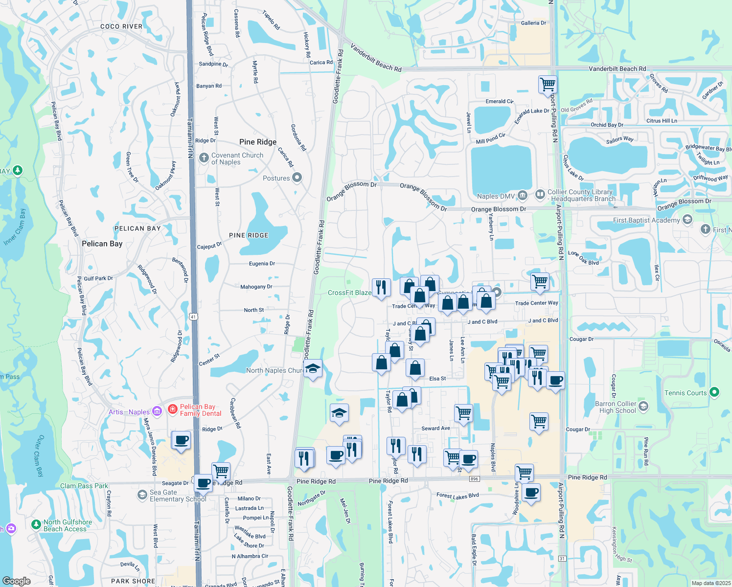 map of restaurants, bars, coffee shops, grocery stores, and more near 6758 Old Banyan Way in Naples