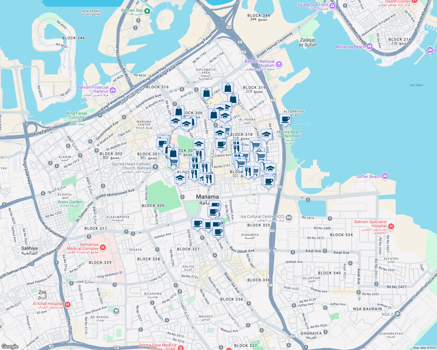 map of restaurants, bars, coffee shops, grocery stores, and more near Qudaibiya Avenue in Manama