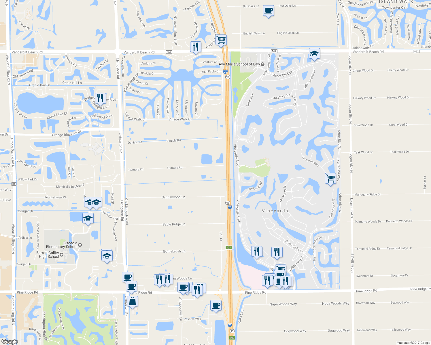 map of restaurants, bars, coffee shops, grocery stores, and more near 6430 Hunters Road in Naples