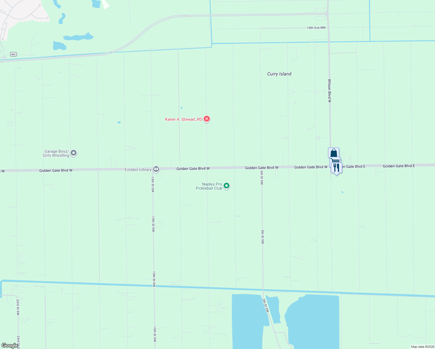 map of restaurants, bars, coffee shops, grocery stores, and more near 888 Golden Gate Boulevard West in Naples