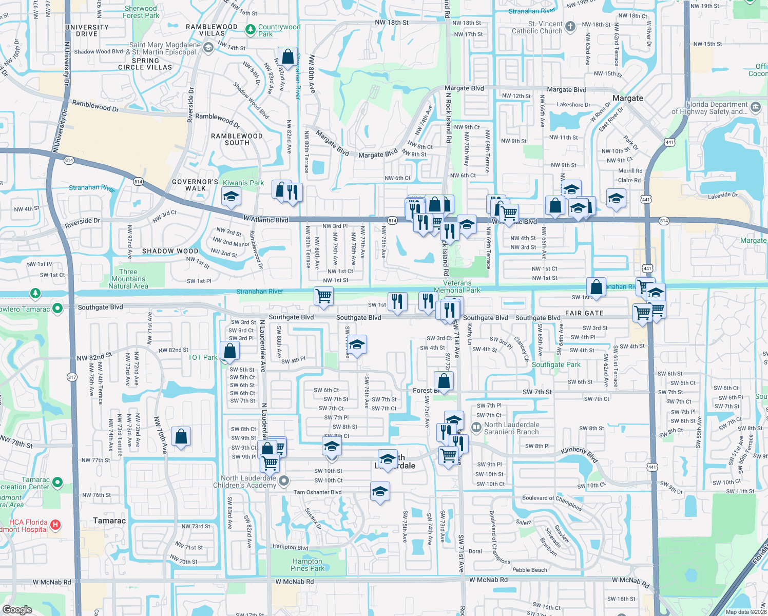 map of restaurants, bars, coffee shops, grocery stores, and more near 7520 Southwest 1st Street in Margate