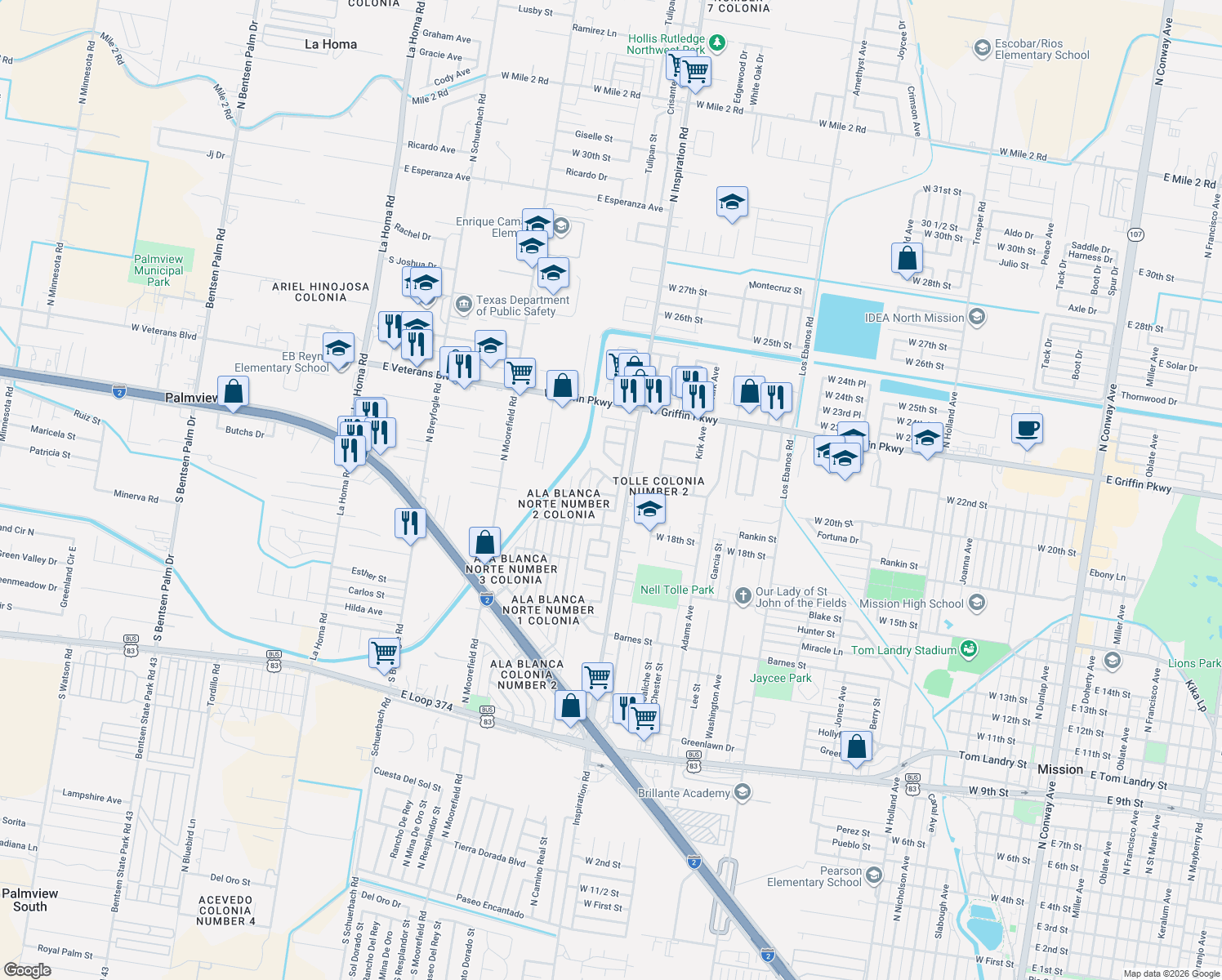 map of restaurants, bars, coffee shops, grocery stores, and more near 1806 West 19 1/2 Street in Mission
