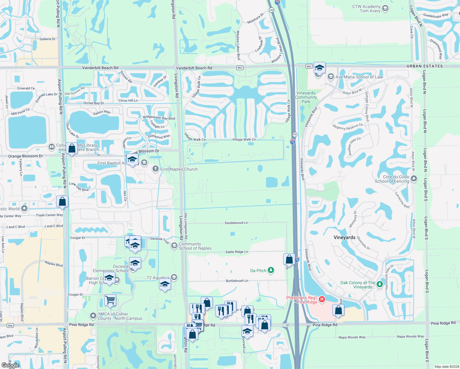 map of restaurants, bars, coffee shops, grocery stores, and more near 6795 Hunters Rd in Naples