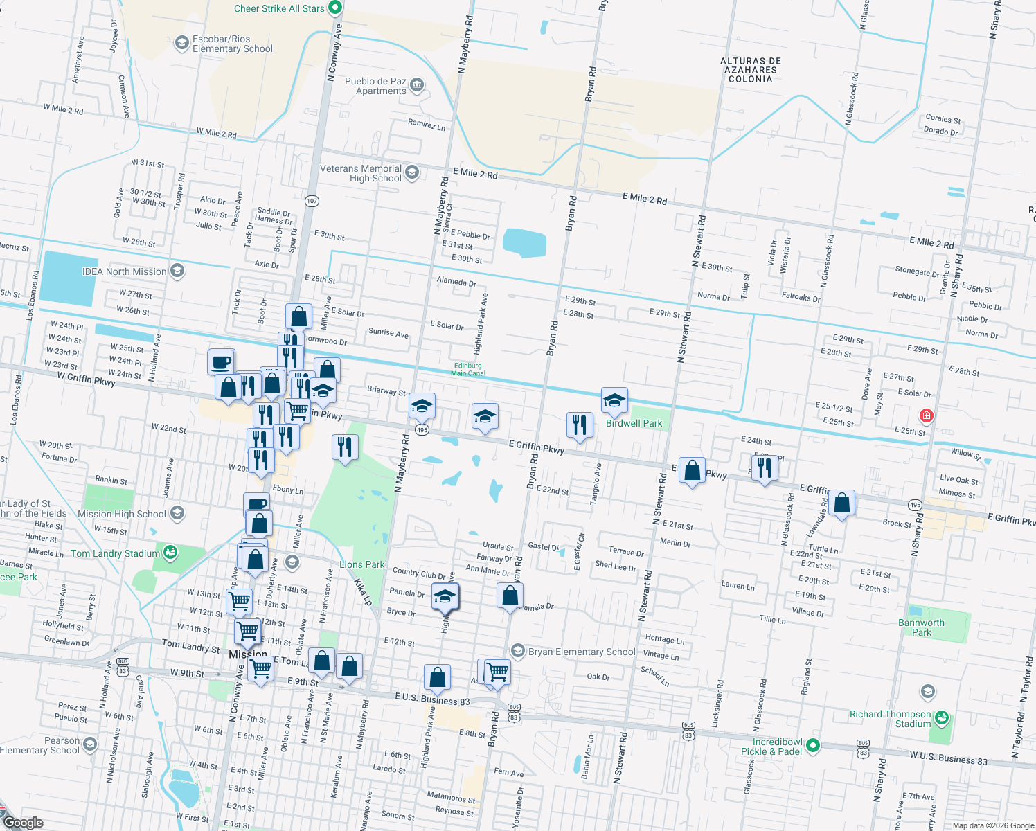 map of restaurants, bars, coffee shops, grocery stores, and more near 2313 Warjebo Trail in Mission