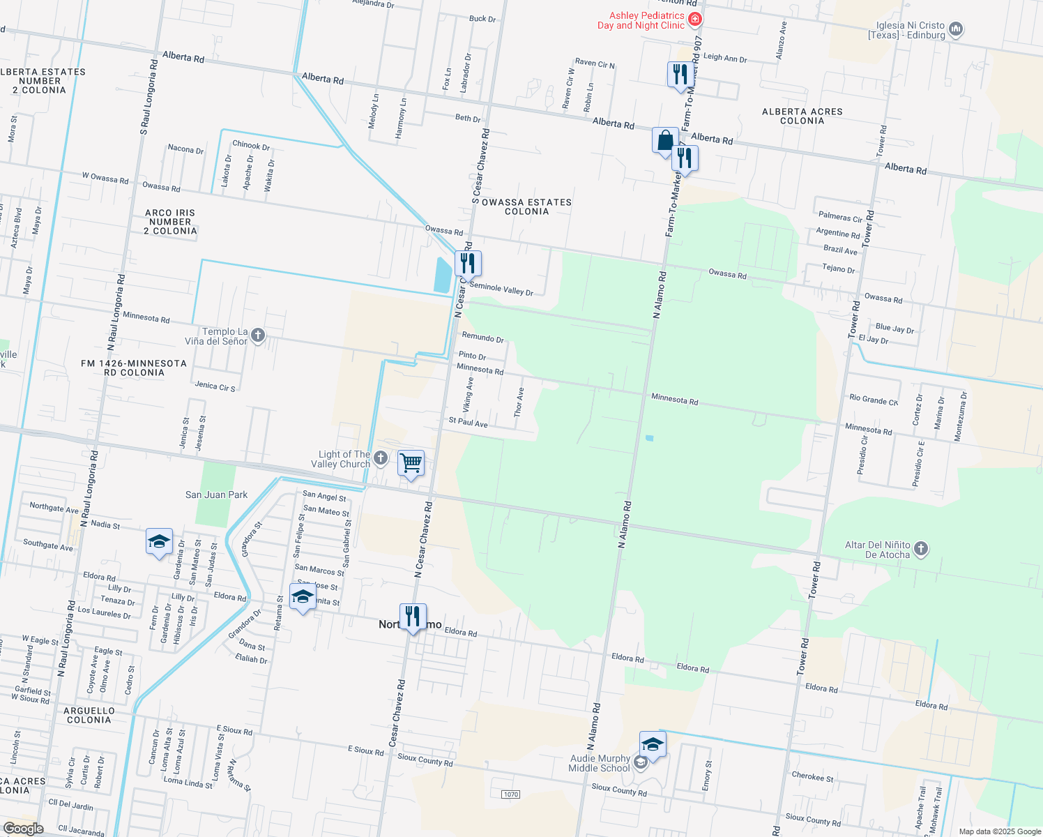 map of restaurants, bars, coffee shops, grocery stores, and more near 1712 Thor Ave in Alamo