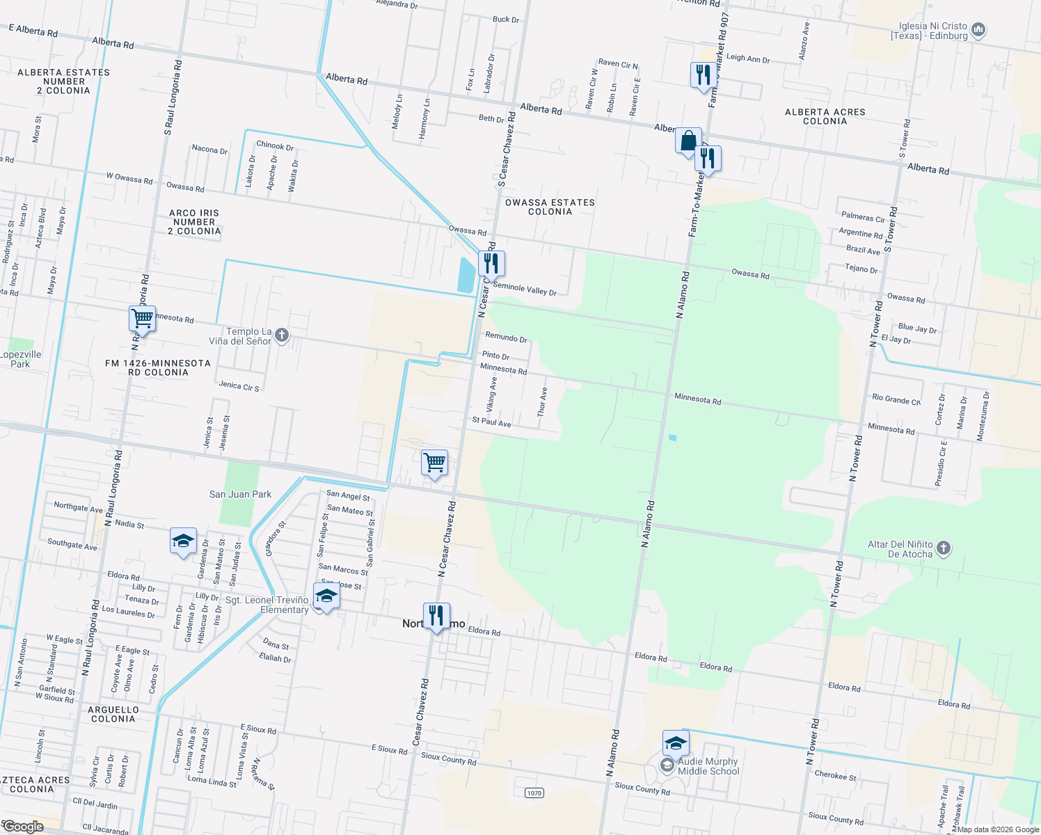 map of restaurants, bars, coffee shops, grocery stores, and more near 1406 Saint Paul Avenue in Alamo