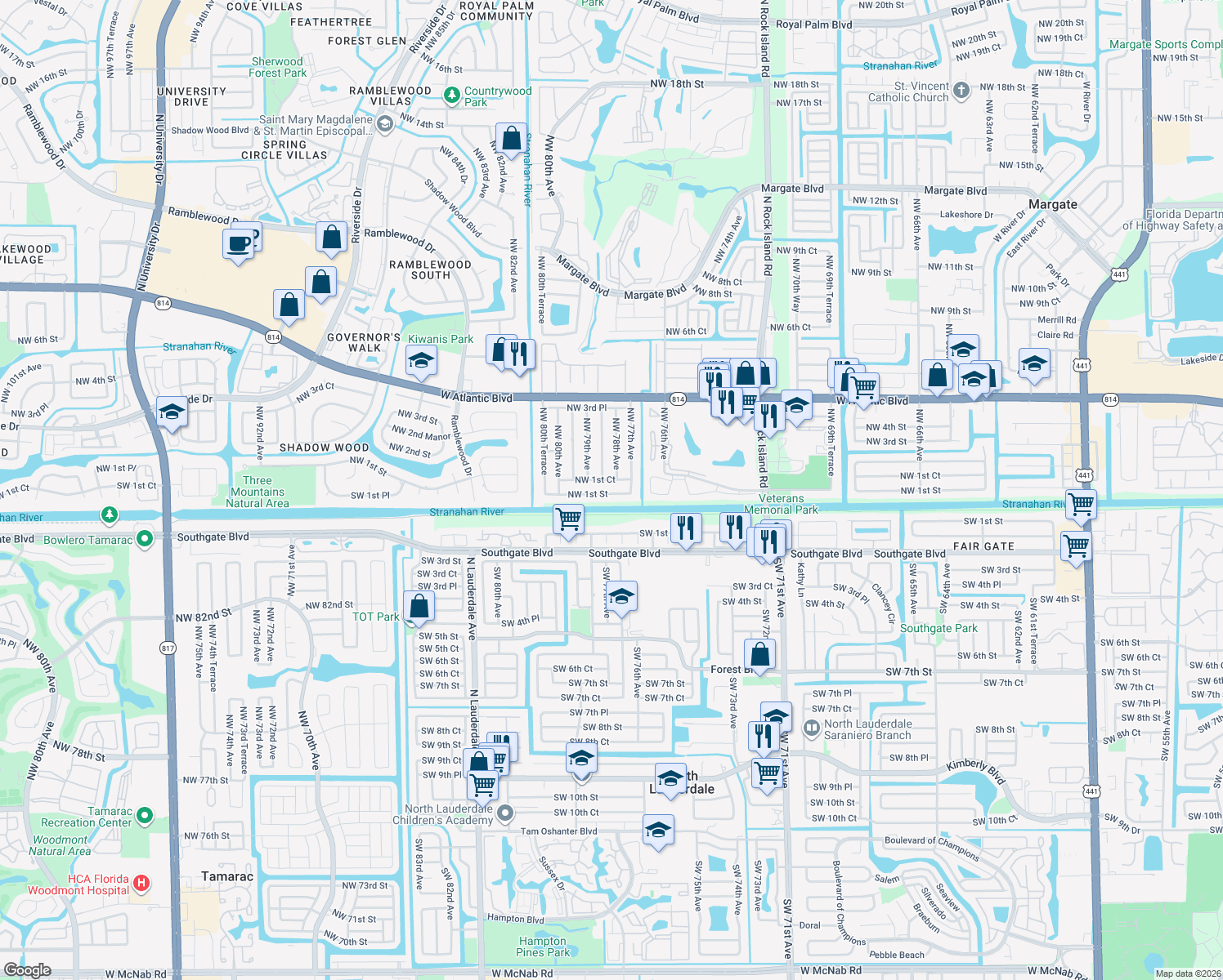 map of restaurants, bars, coffee shops, grocery stores, and more near 7815 Northwest 1st Street in Margate