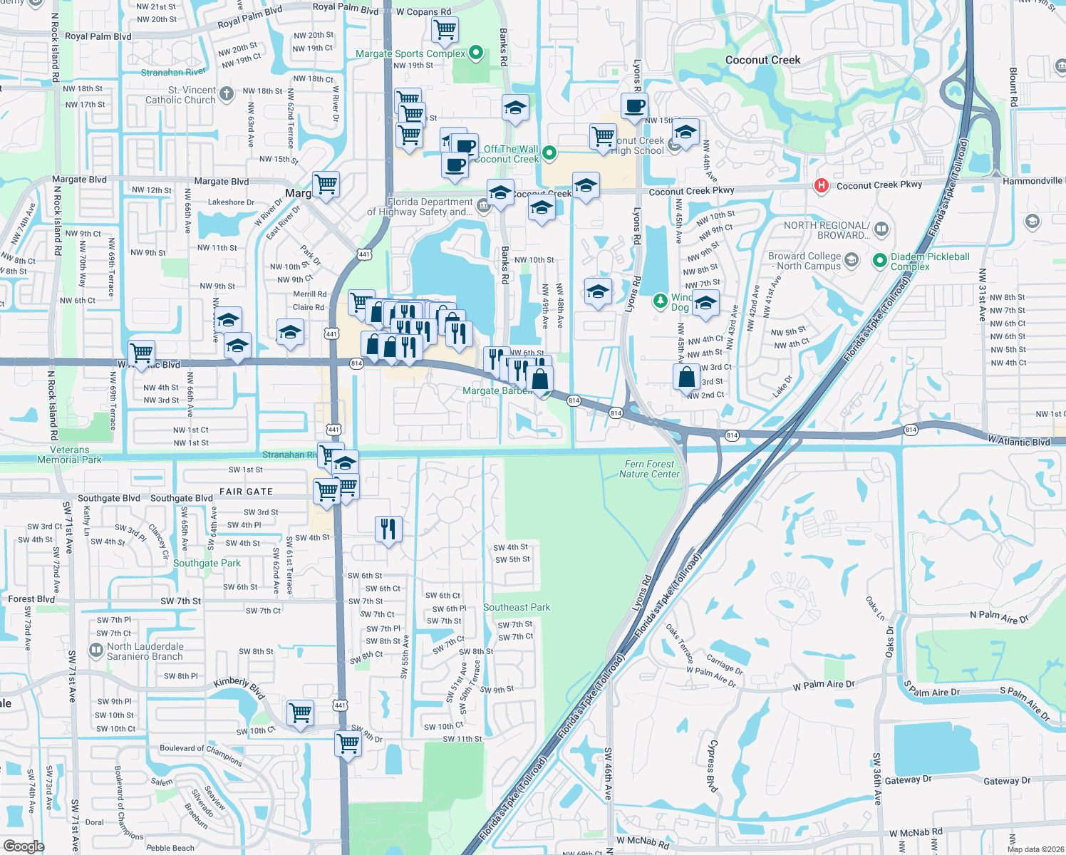 map of restaurants, bars, coffee shops, grocery stores, and more near 200 East Hemingway Circle in Margate