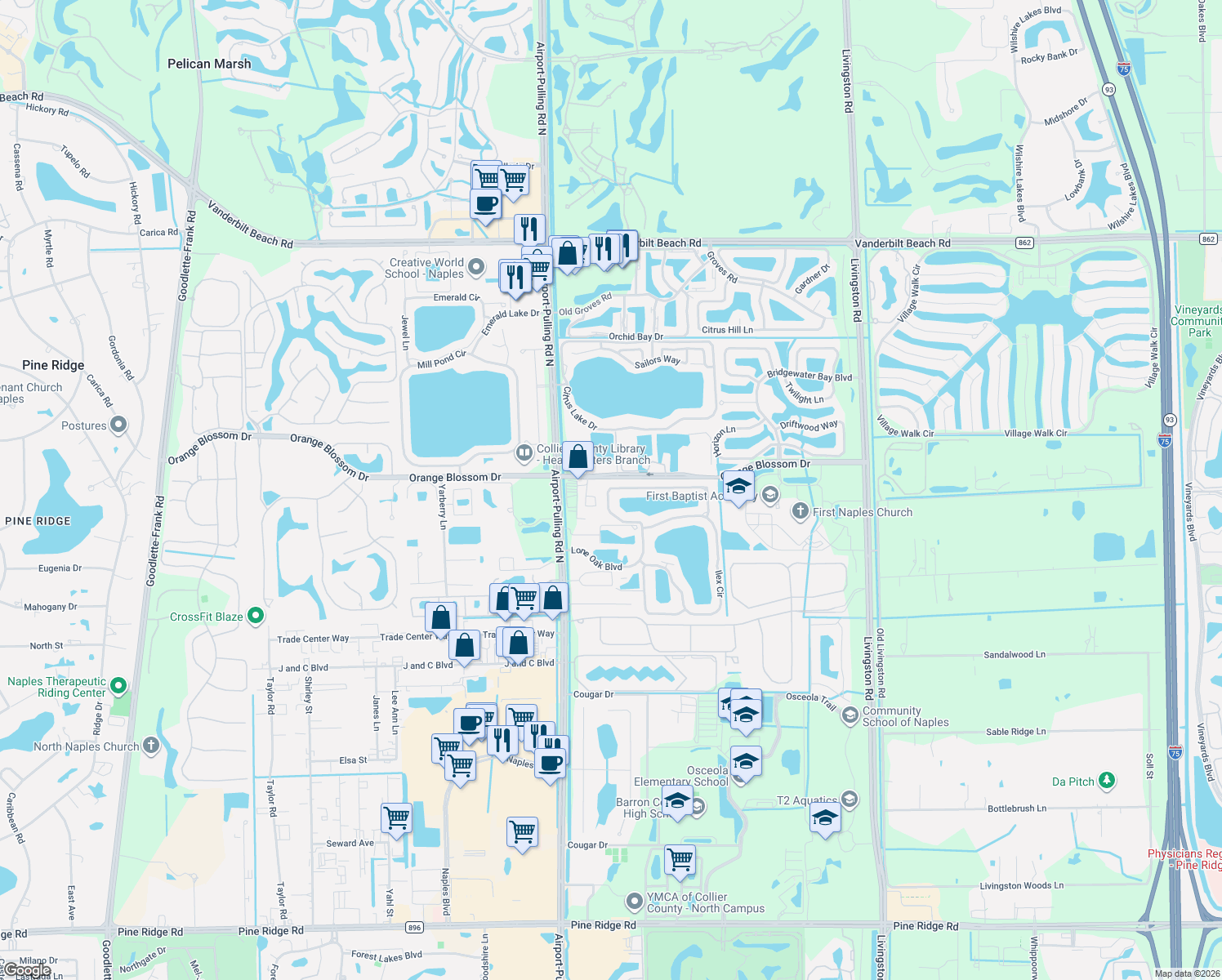 map of restaurants, bars, coffee shops, grocery stores, and more near 6907 Lone Oak Boulevard in Naples