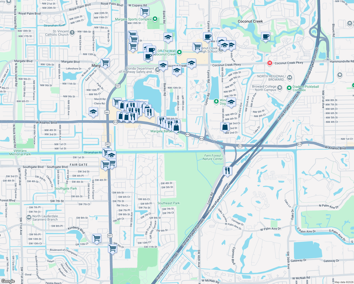 map of restaurants, bars, coffee shops, grocery stores, and more near 207 East Hemingway Circle in Margate
