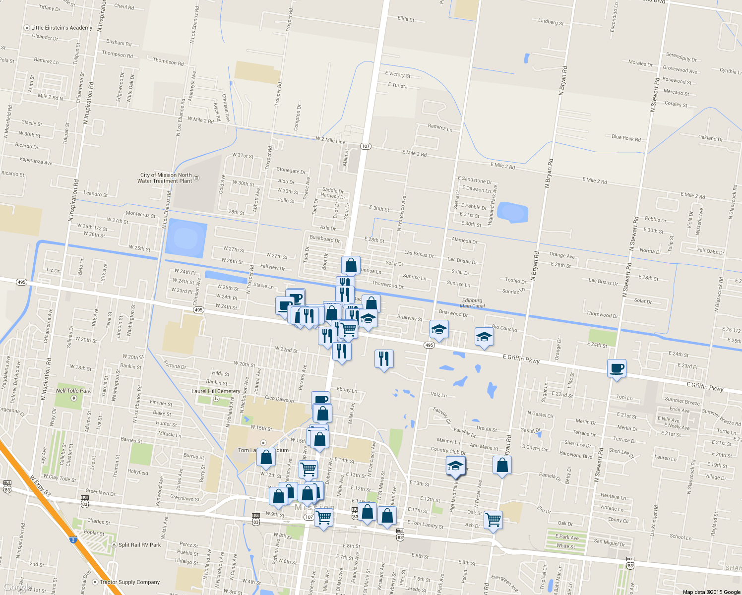 map of restaurants, bars, coffee shops, grocery stores, and more near 315 Stacie Lane in Mission