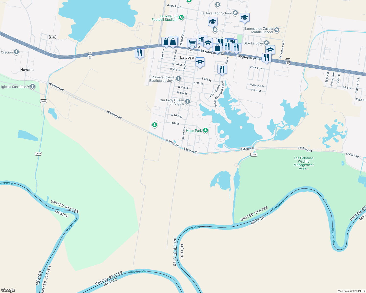 map of restaurants, bars, coffee shops, grocery stores, and more near 1317 Leo Avenue in La Joya