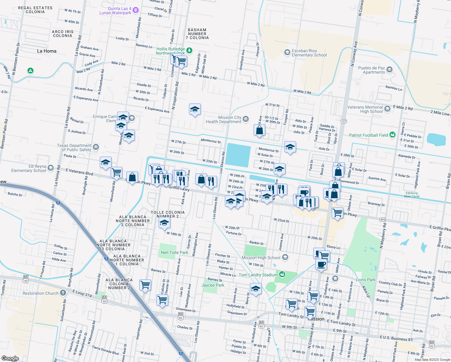 map of restaurants, bars, coffee shops, grocery stores, and more near 2323 Amethyst Avenue in Mission