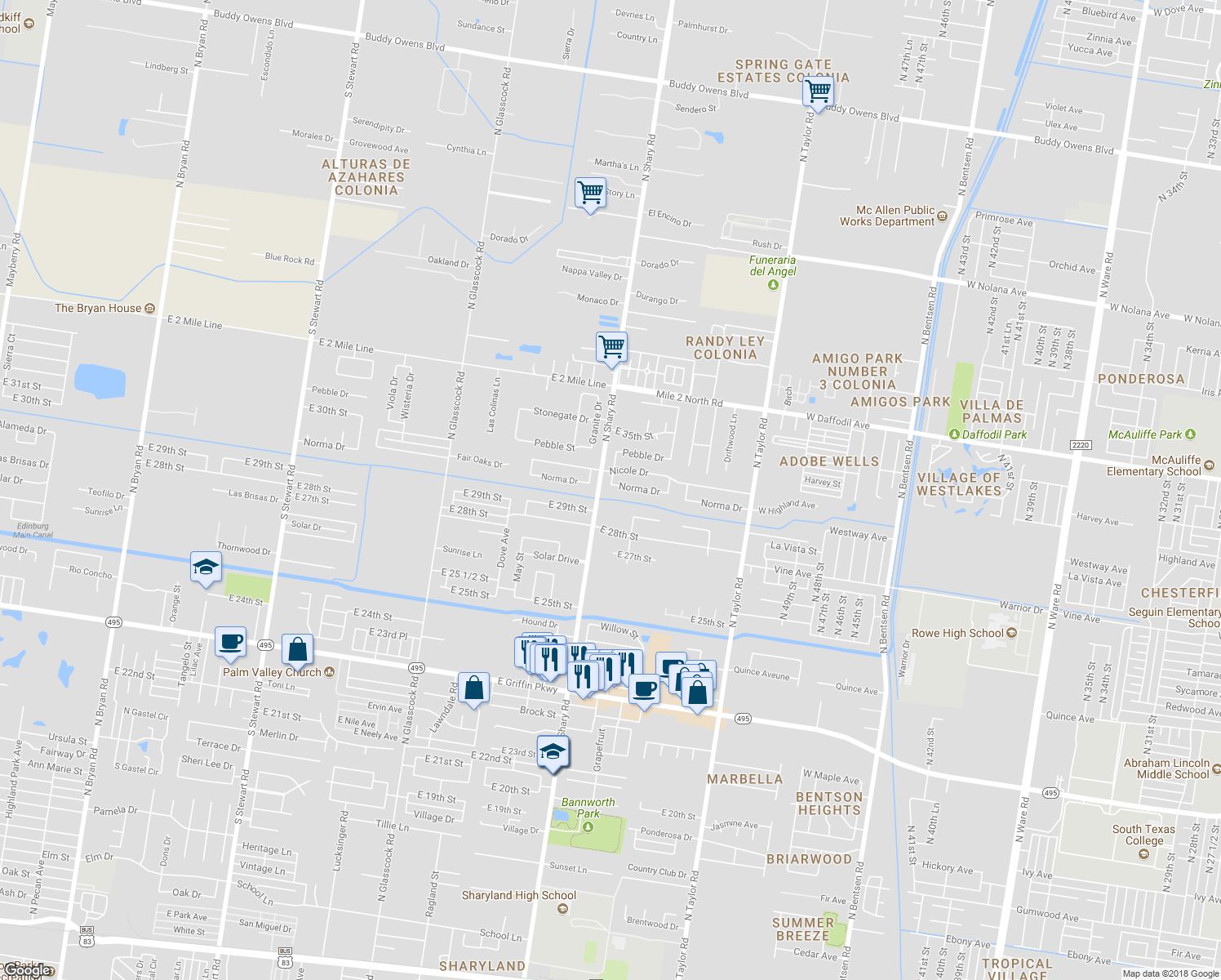 map of restaurants, bars, coffee shops, grocery stores, and more near 2402 Norma Dr in Mission