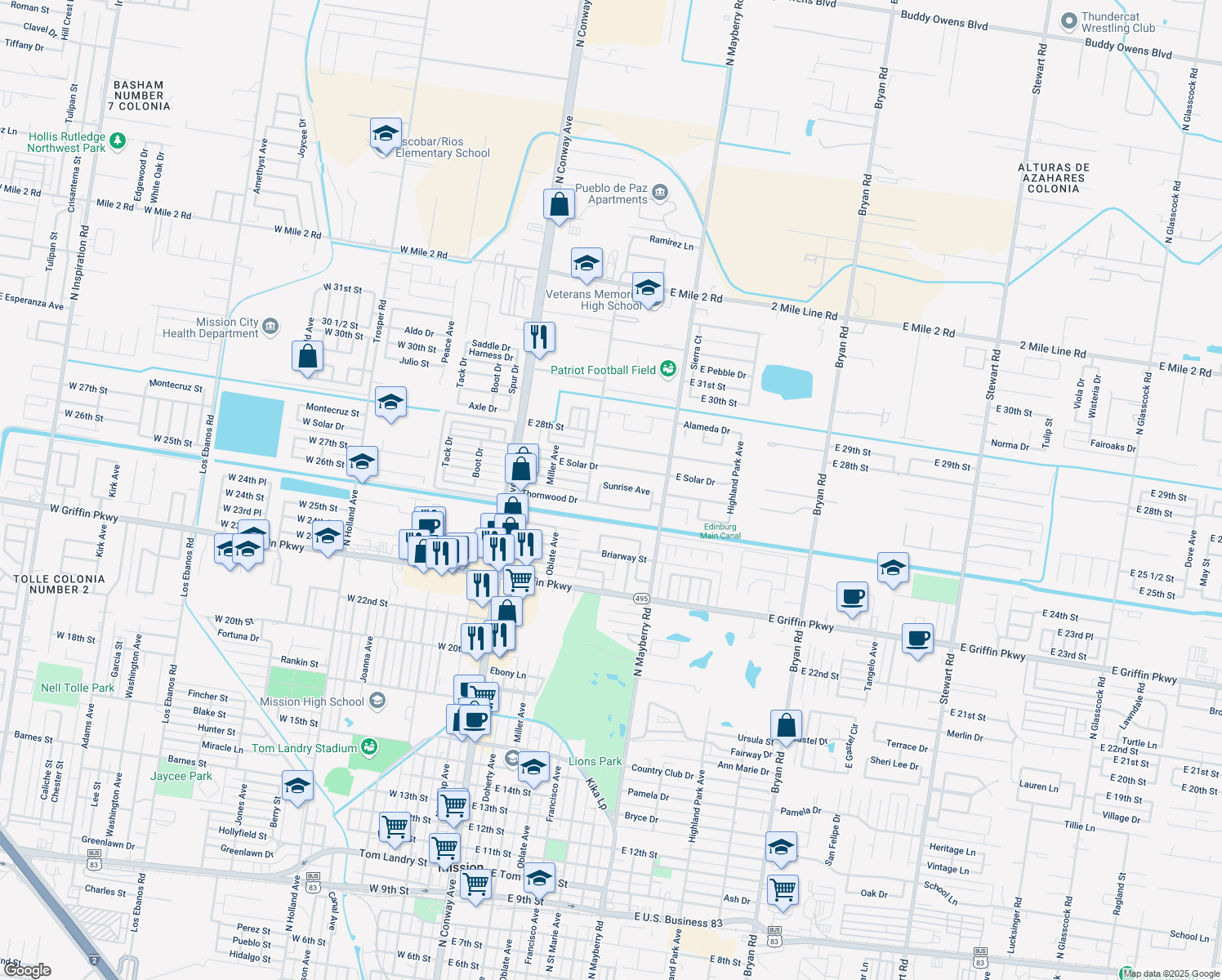 map of restaurants, bars, coffee shops, grocery stores, and more near 510 Sunrise Lane in Mission