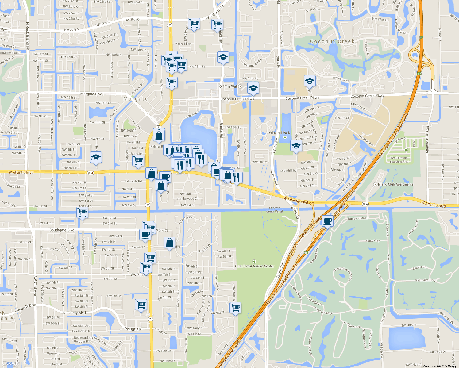 map of restaurants, bars, coffee shops, grocery stores, and more near 299 East Hemingway Circle in Margate