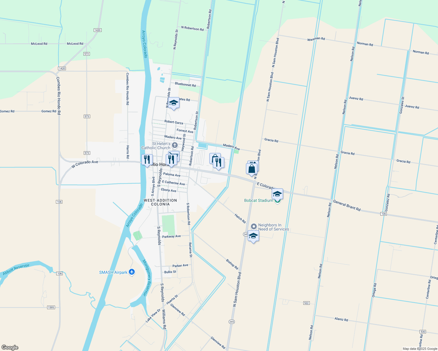 map of restaurants, bars, coffee shops, grocery stores, and more near 410 E Colorado St in Rio Hondo