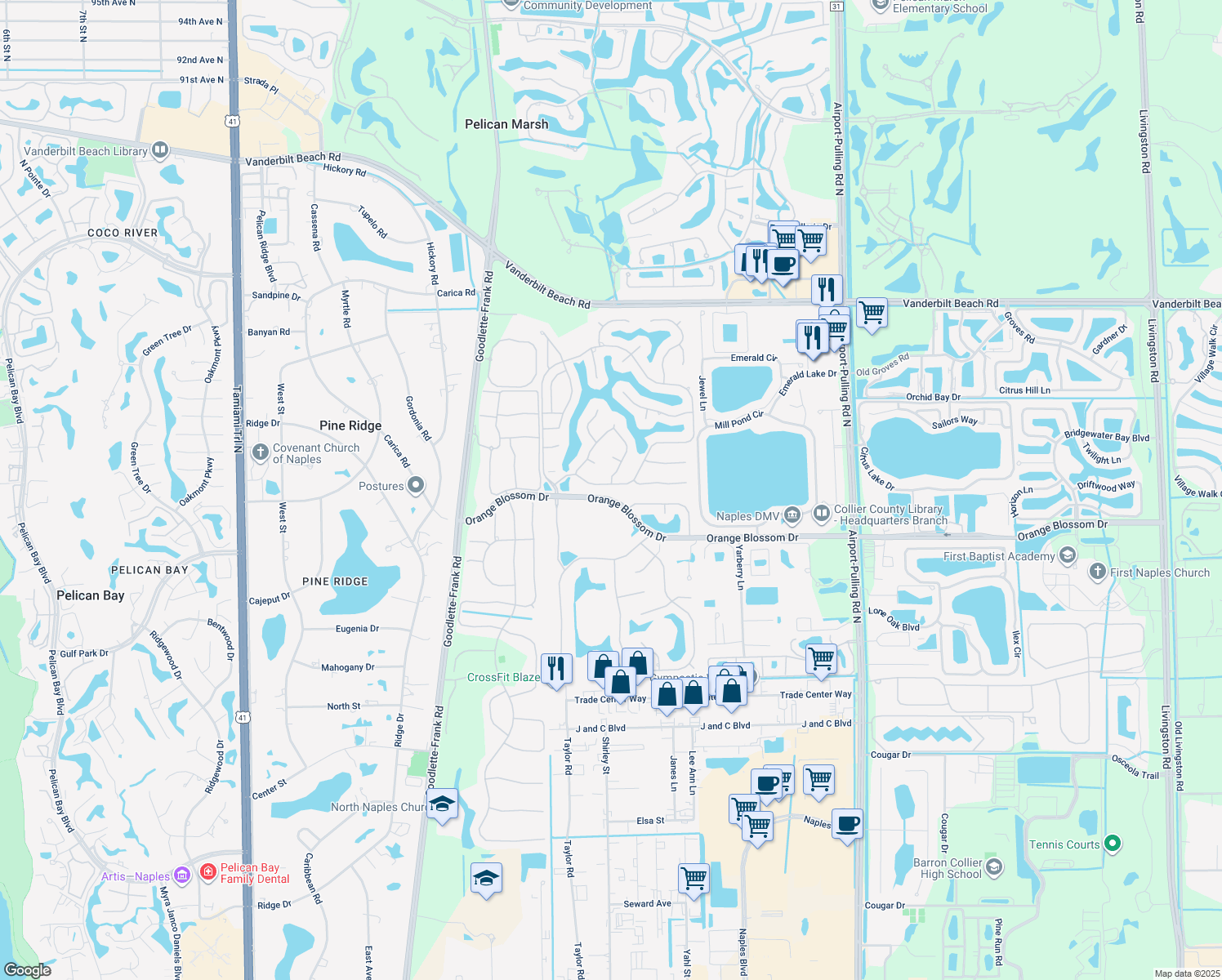 map of restaurants, bars, coffee shops, grocery stores, and more near 1874 Mission Drive in Naples