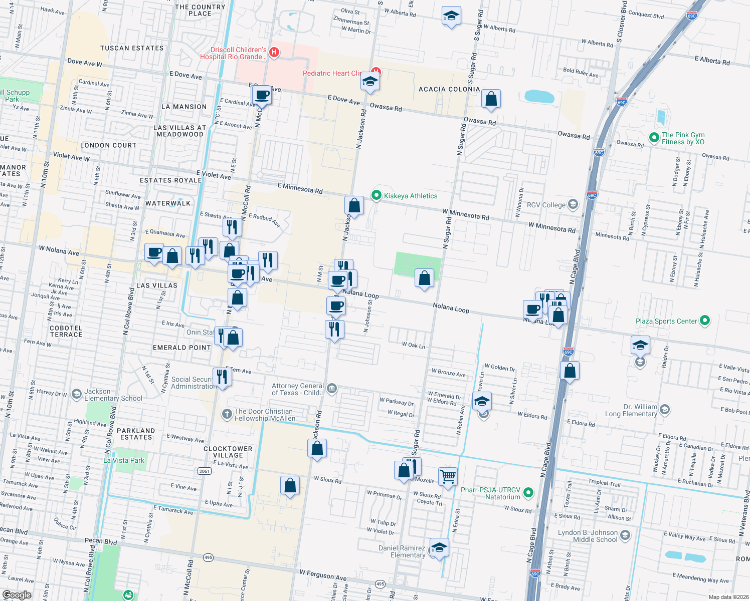 map of restaurants, bars, coffee shops, grocery stores, and more near 1201 West Nolana Loop in Pharr