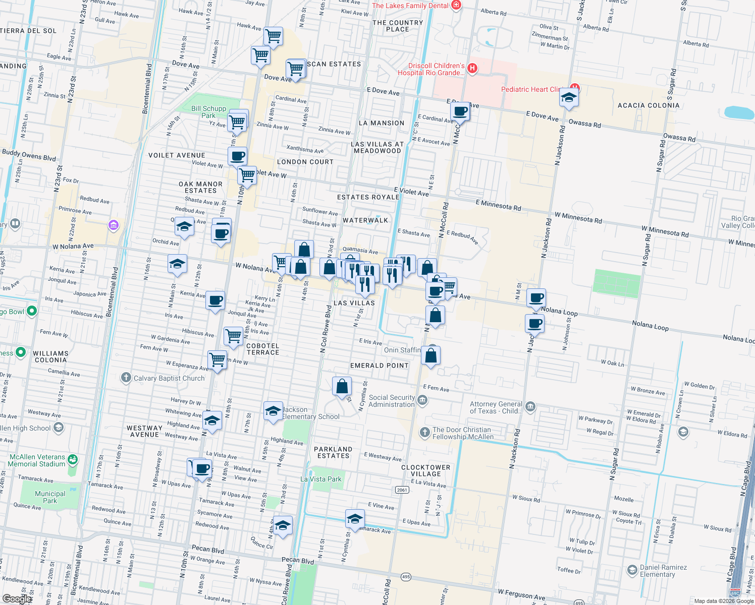 map of restaurants, bars, coffee shops, grocery stores, and more near 3808 North Cynthia Street in McAllen