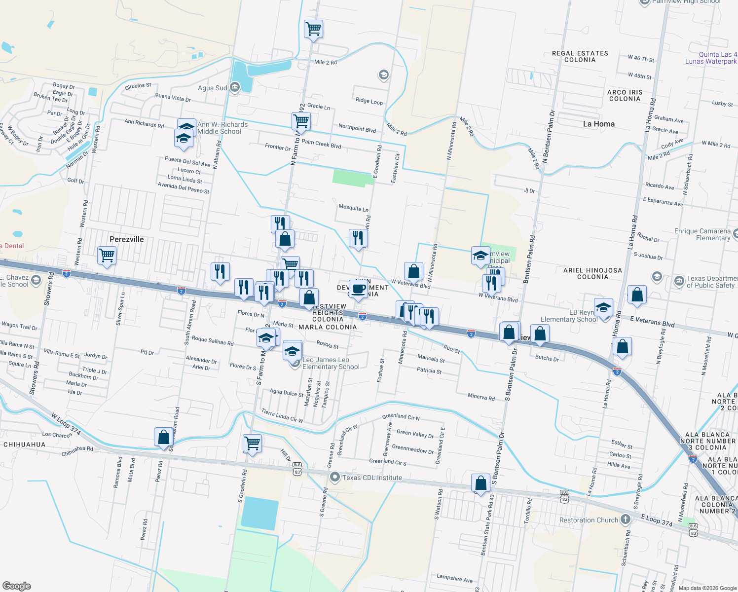 map of restaurants, bars, coffee shops, grocery stores, and more near 1104 Mesquite Drive in Palmview