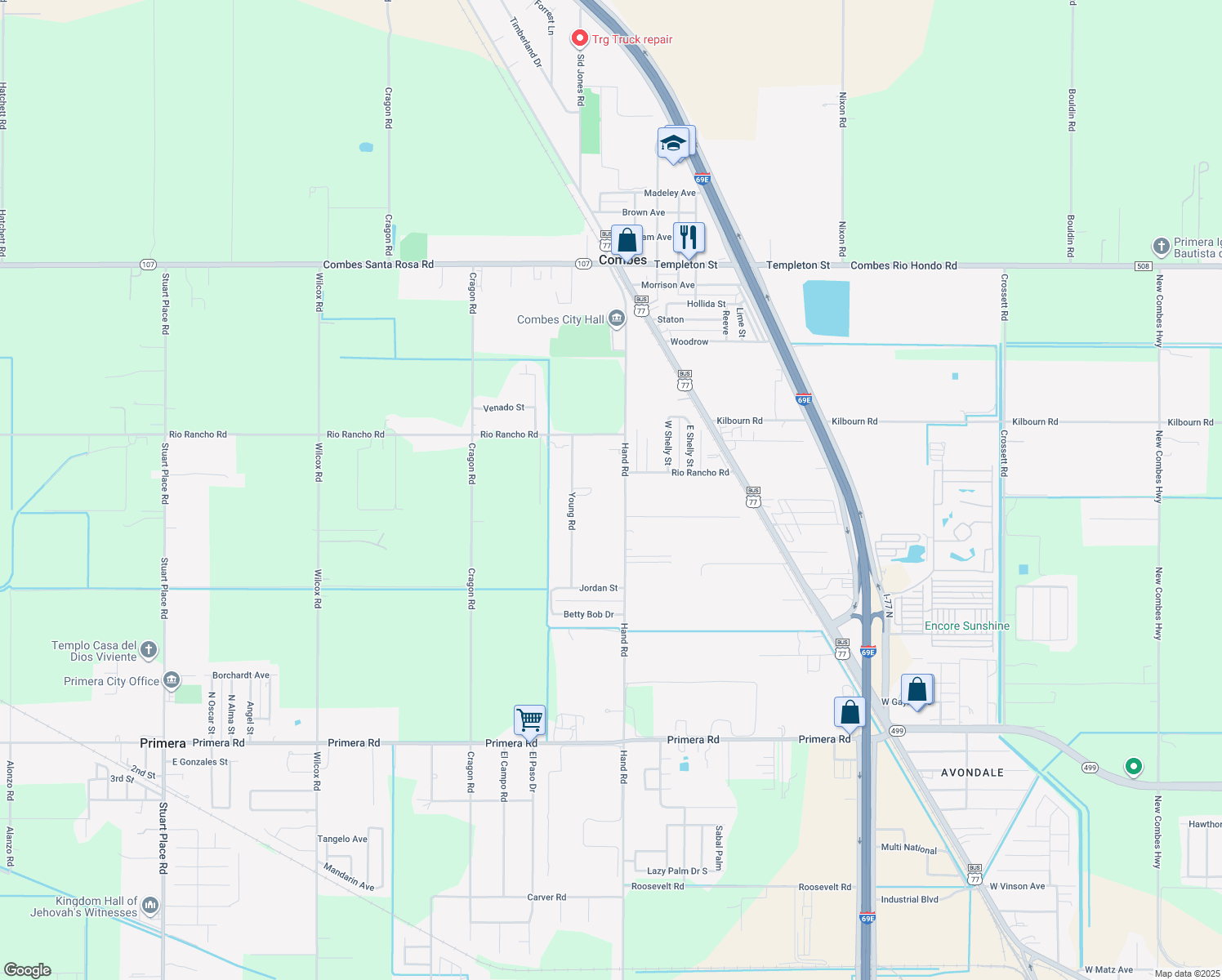 map of restaurants, bars, coffee shops, grocery stores, and more near 22102 Hand Rd in Harlingen