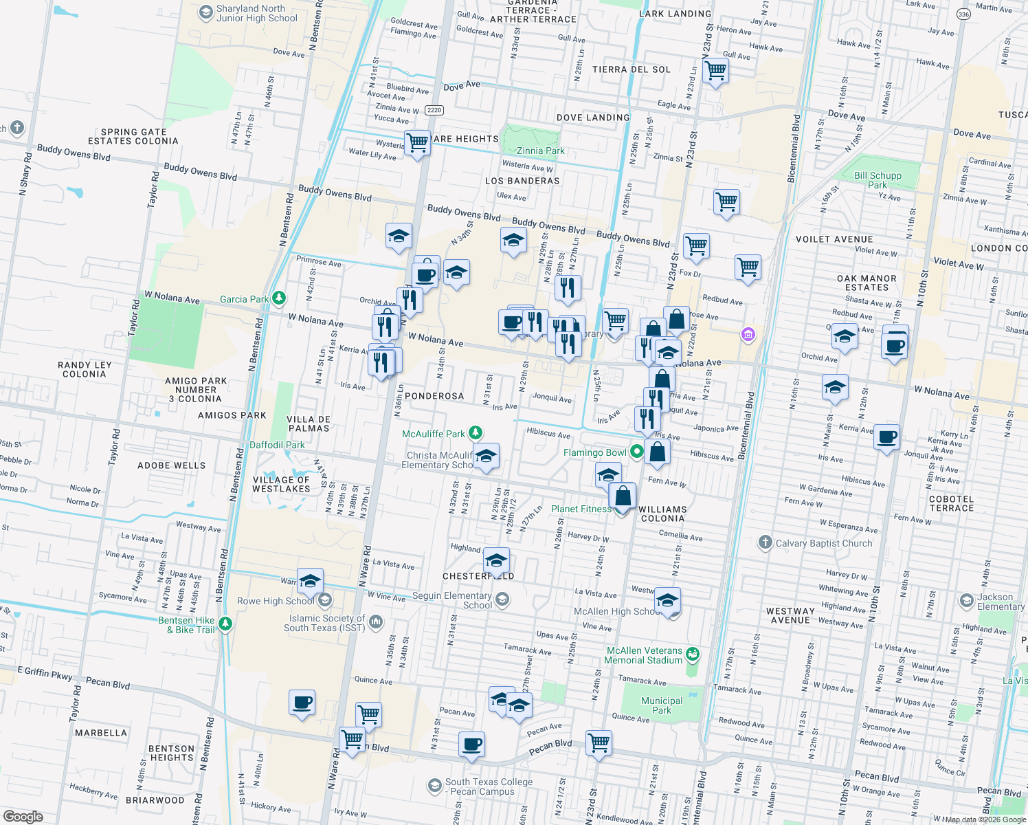 map of restaurants, bars, coffee shops, grocery stores, and more near 2901 Iris Avenue in McAllen