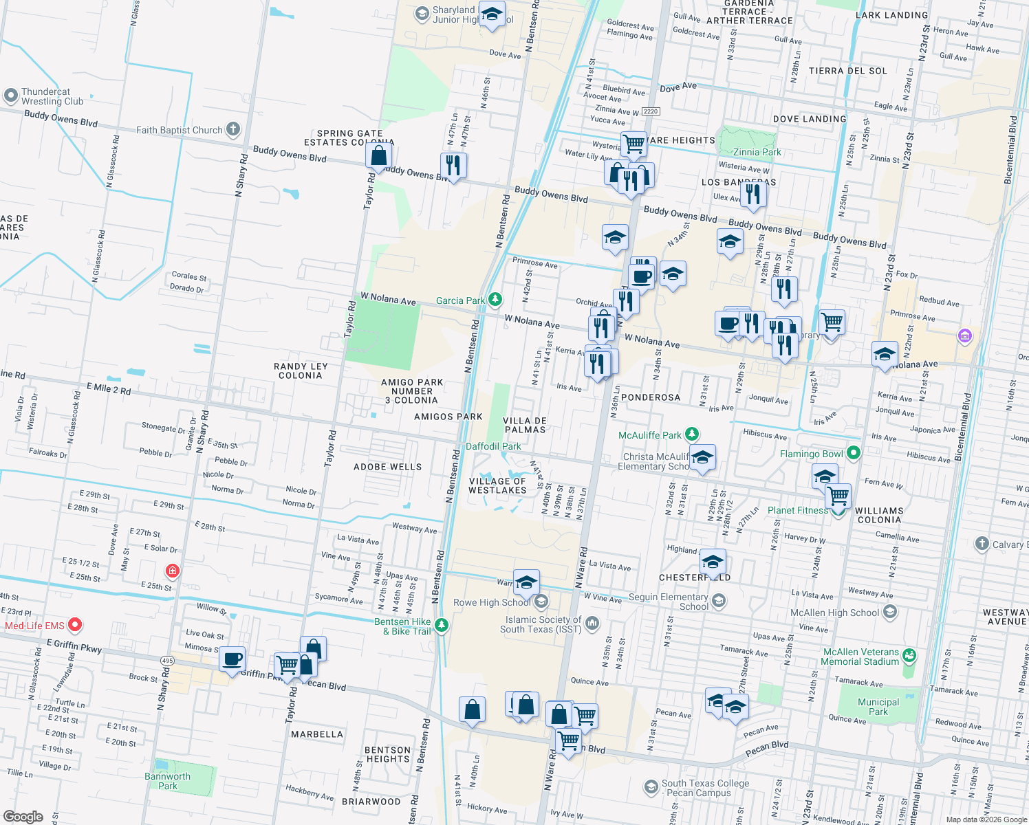 map of restaurants, bars, coffee shops, grocery stores, and more near 4125 Geranium Ave in McAllen