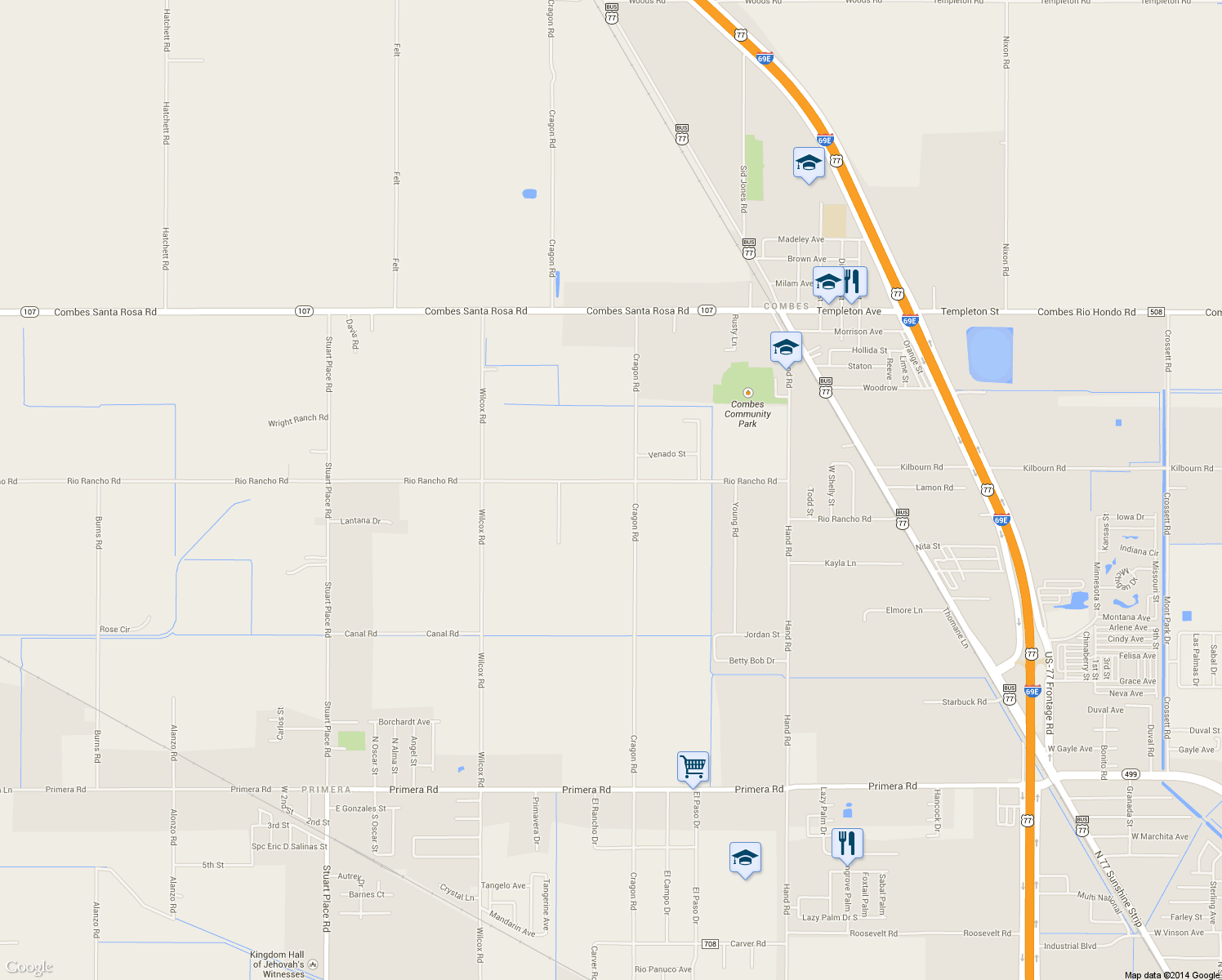 map of restaurants, bars, coffee shops, grocery stores, and more near 17430 Rio Rancho Rd in Harlingen