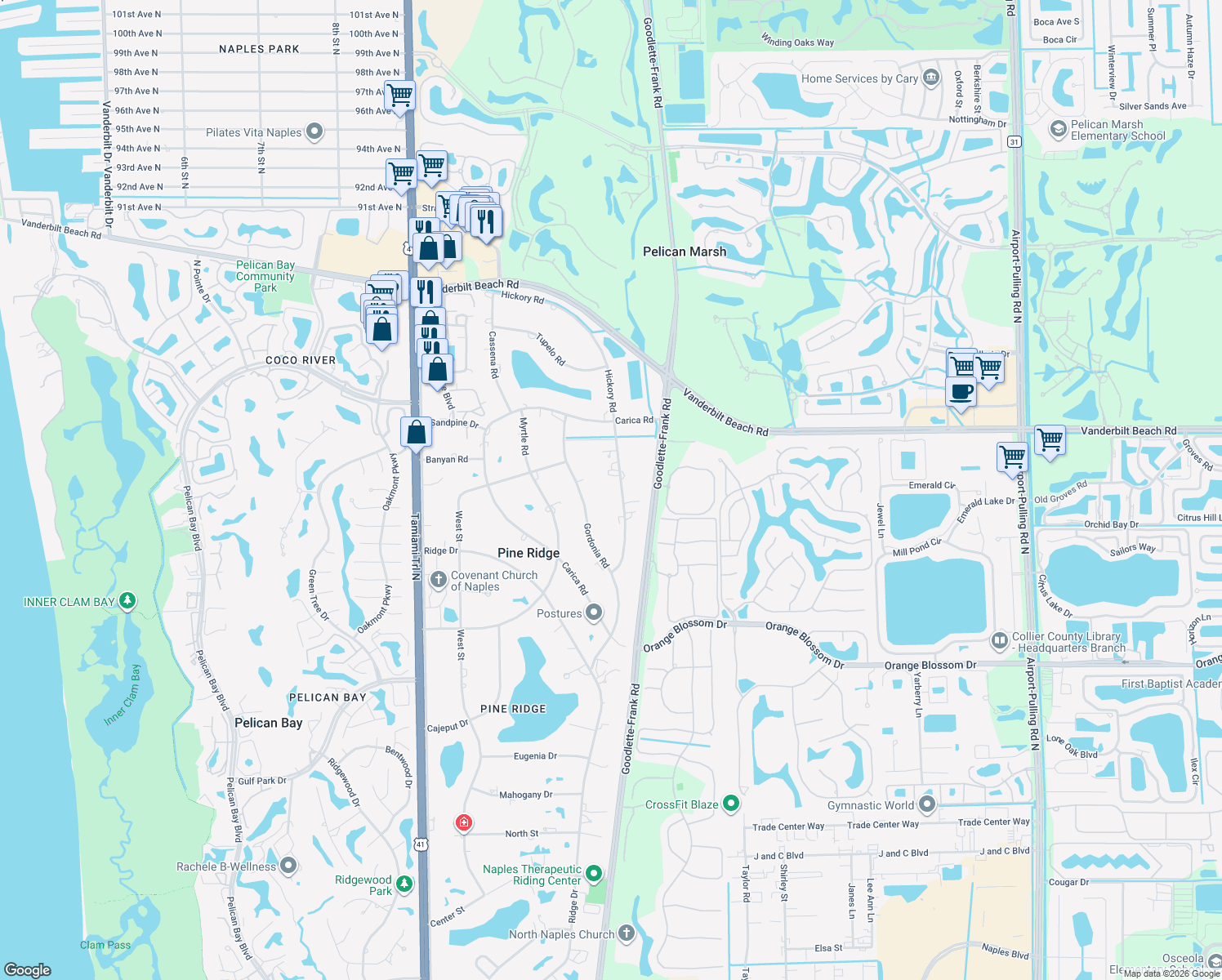 map of restaurants, bars, coffee shops, grocery stores, and more near 653 Hickory Road in Naples