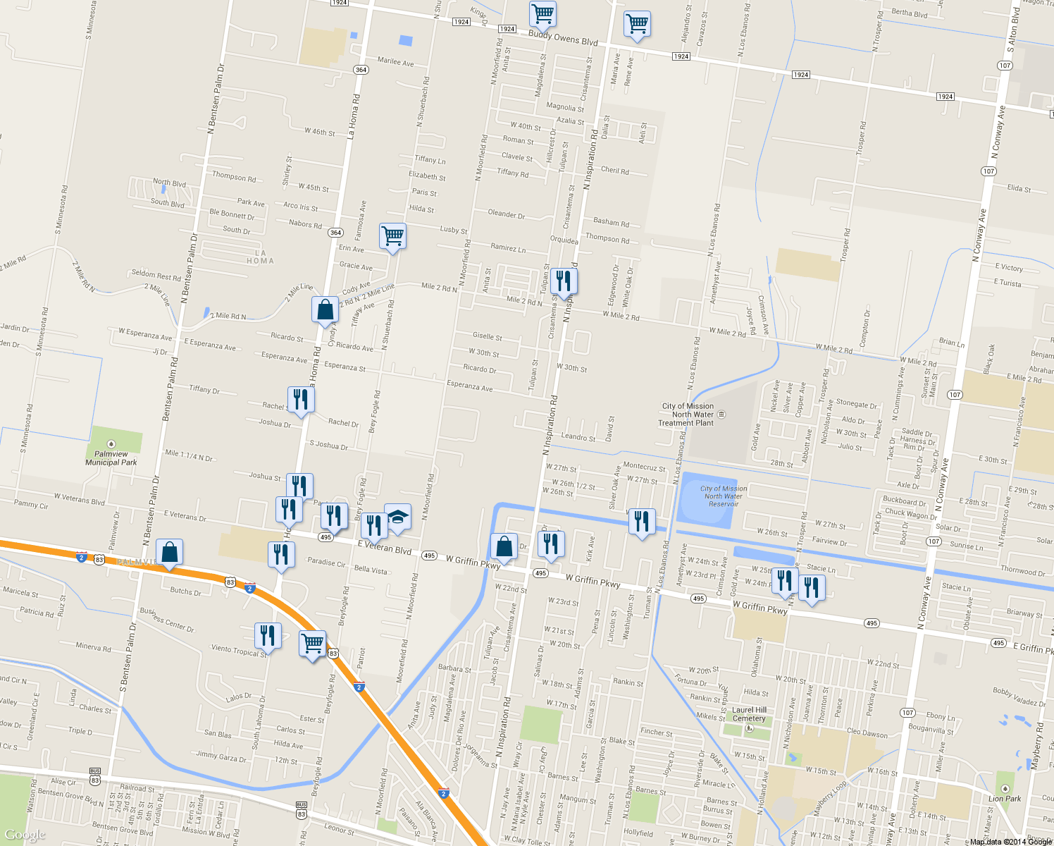 map of restaurants, bars, coffee shops, grocery stores, and more near 1912 Leandro Street in Mission